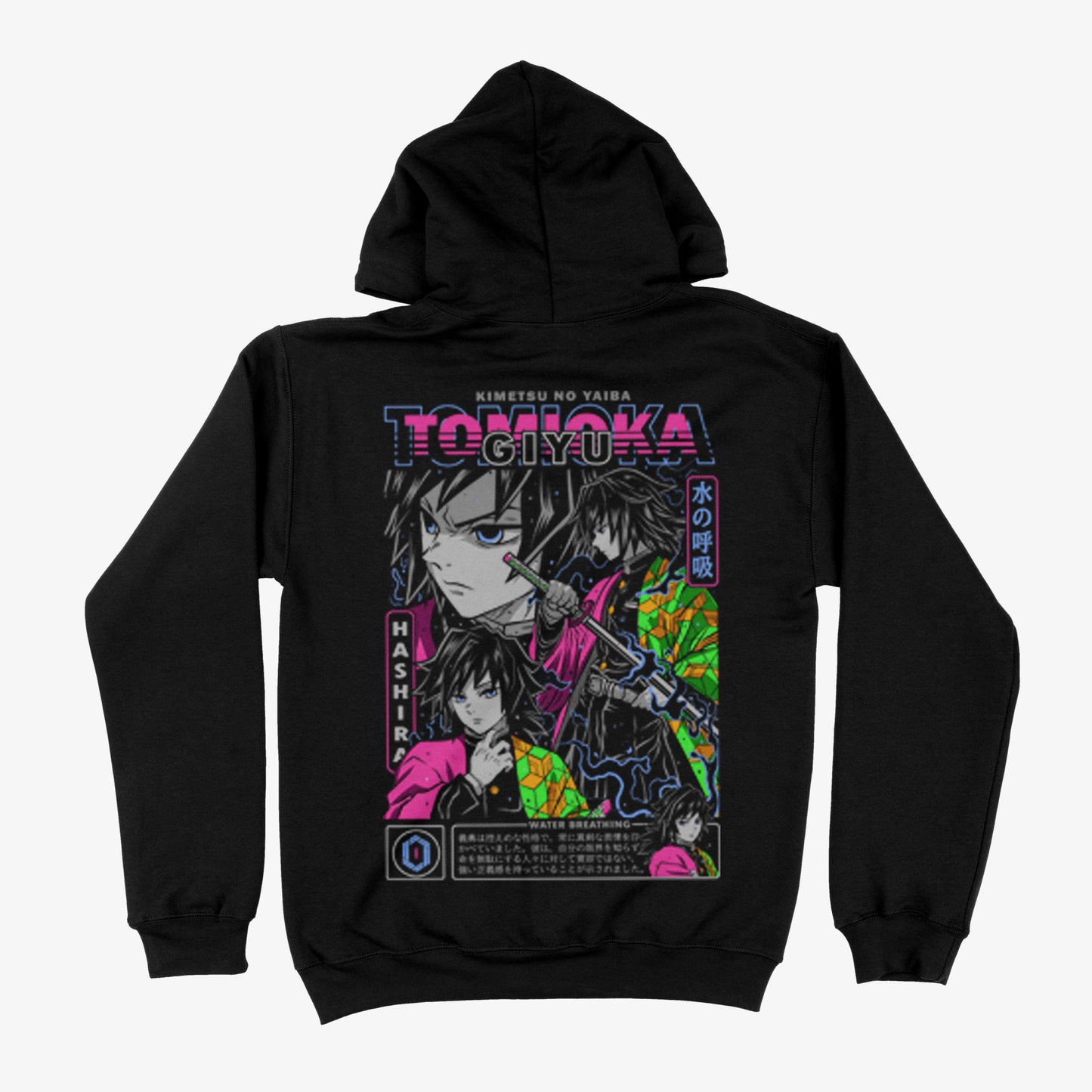Espalda de un hoodie negro de Kimetsu no Yaiba con una gran ilustracion de Giyu Tomioka en varias poses, con efectos de agua y el texto 'Water Breathing' en tonos neon