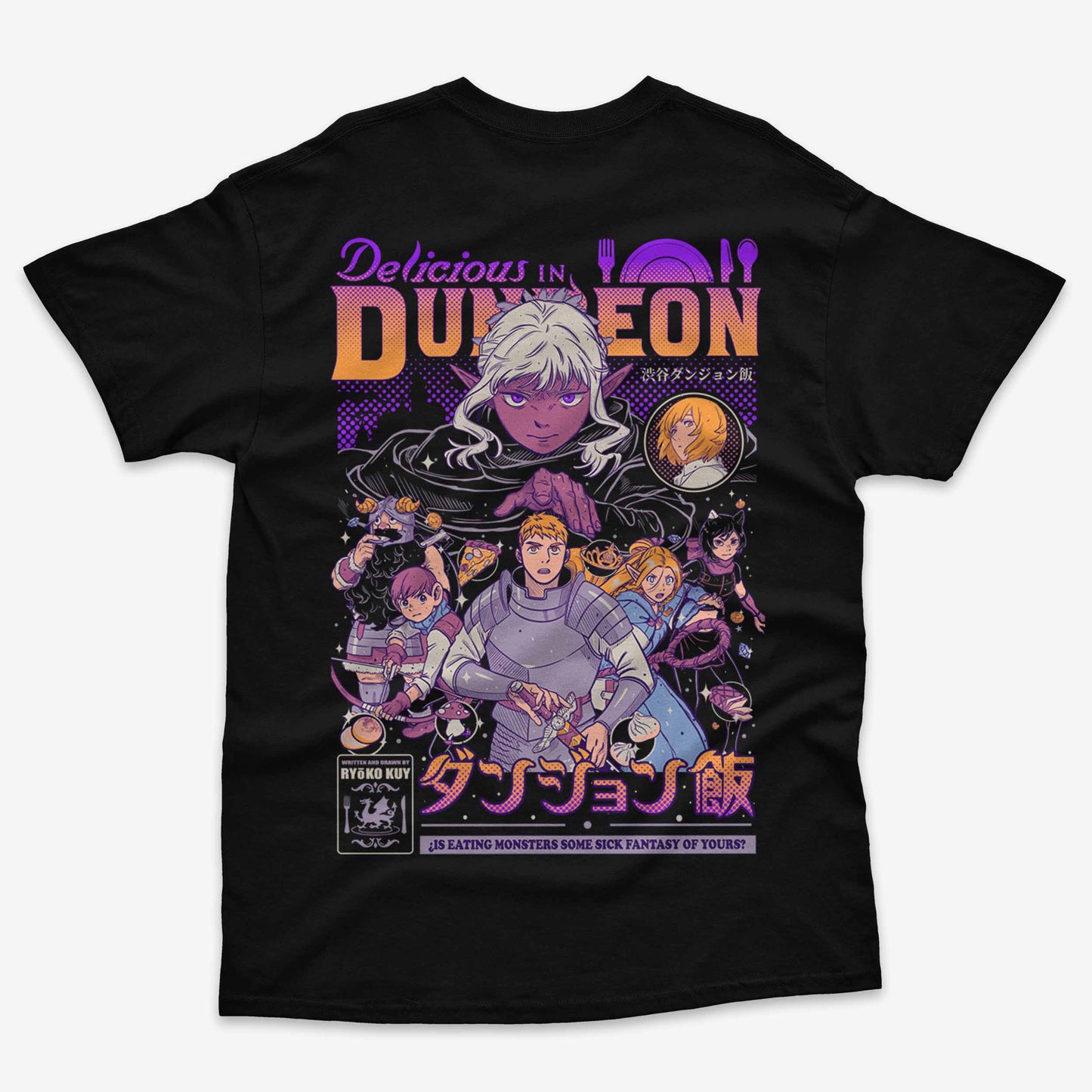 Espalda de una polera negra de Dungeon Meshi con una gran ilustracion de los personajes principales del anime, incluyendo a Laios, Marcille y Senshi