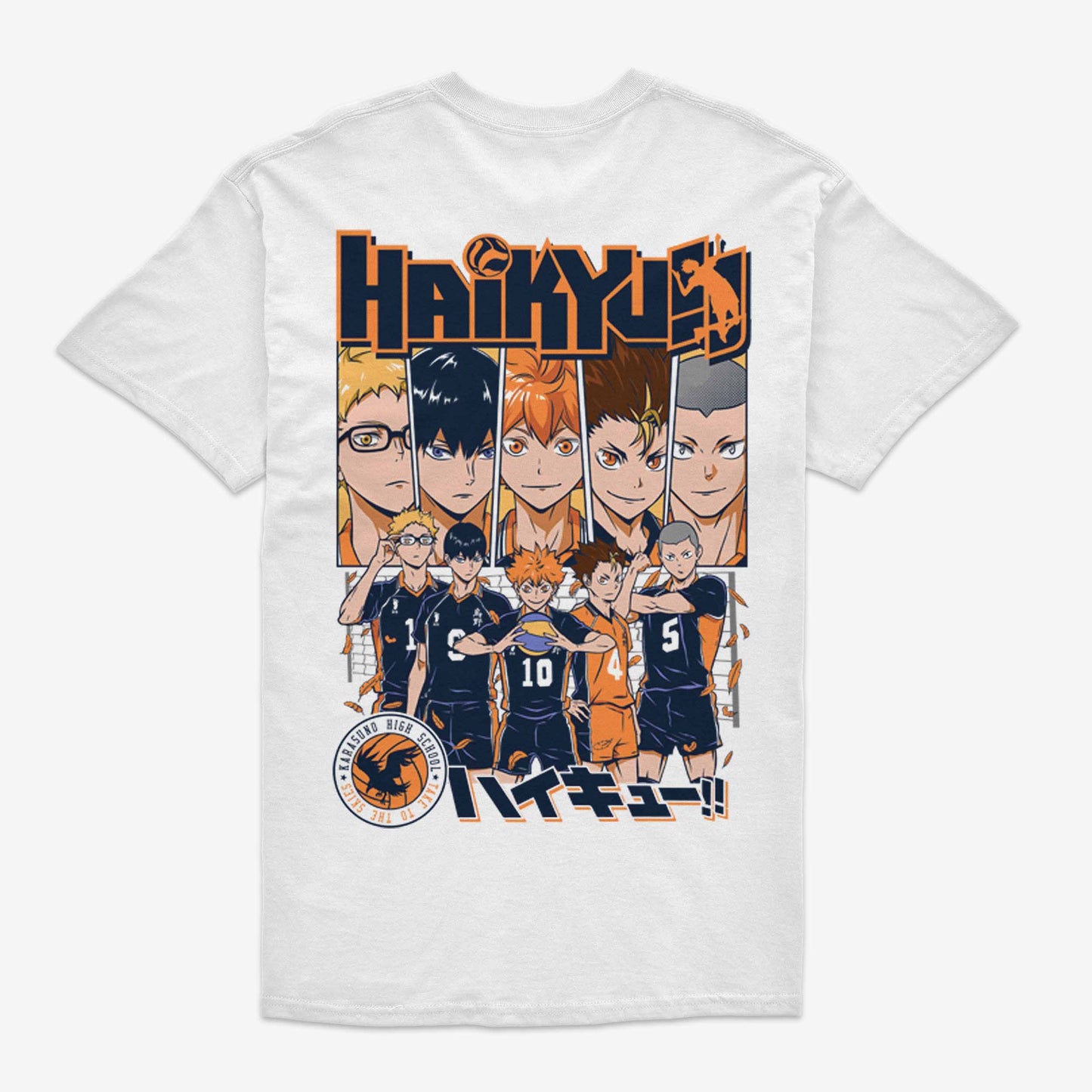 Estampado trasero de Polera blanca con todos los jugadores del Karasuno de Haikyuu!!