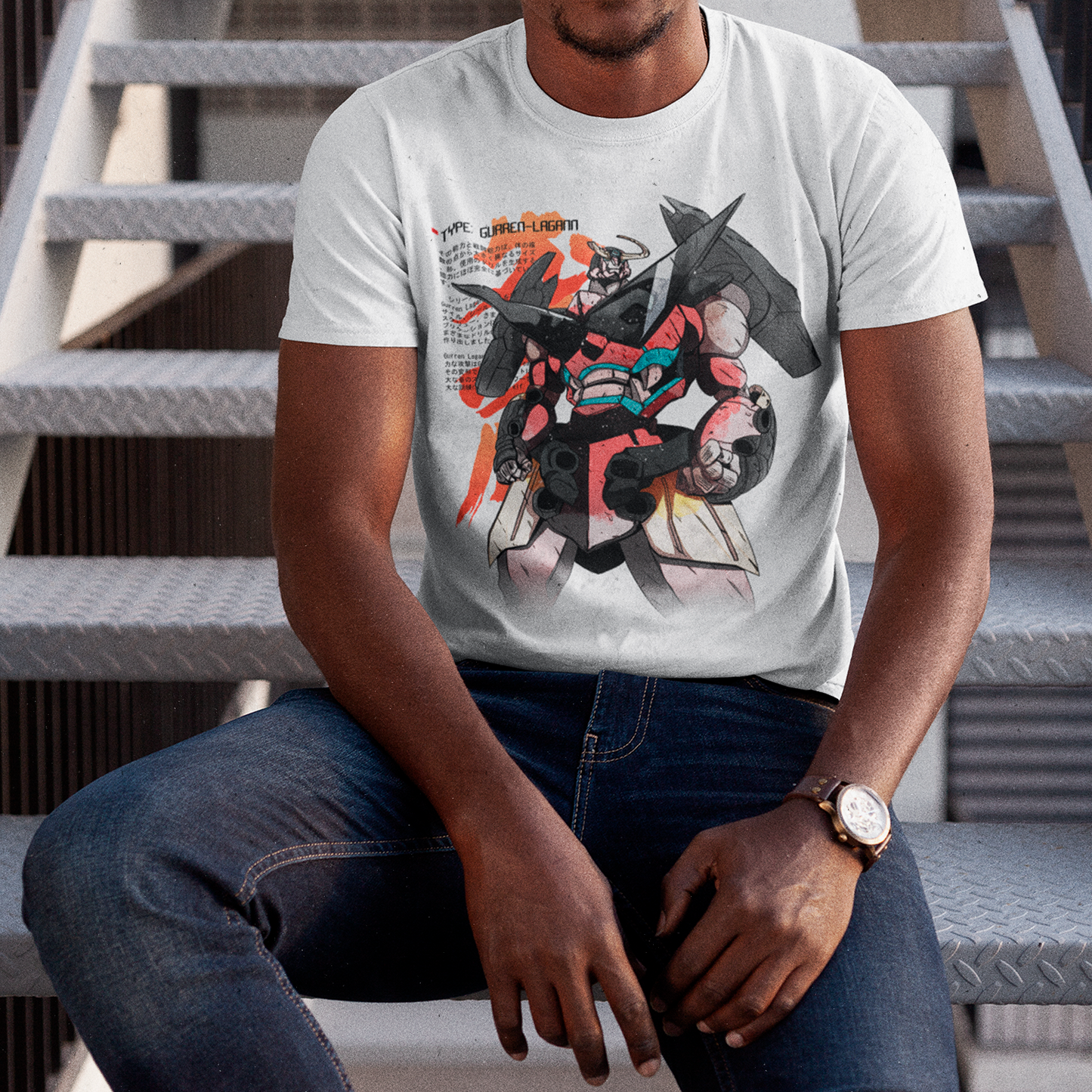 Hombre Usando Polera Blanca Tengen Toppa Gurren Lagann: Poder Espiral