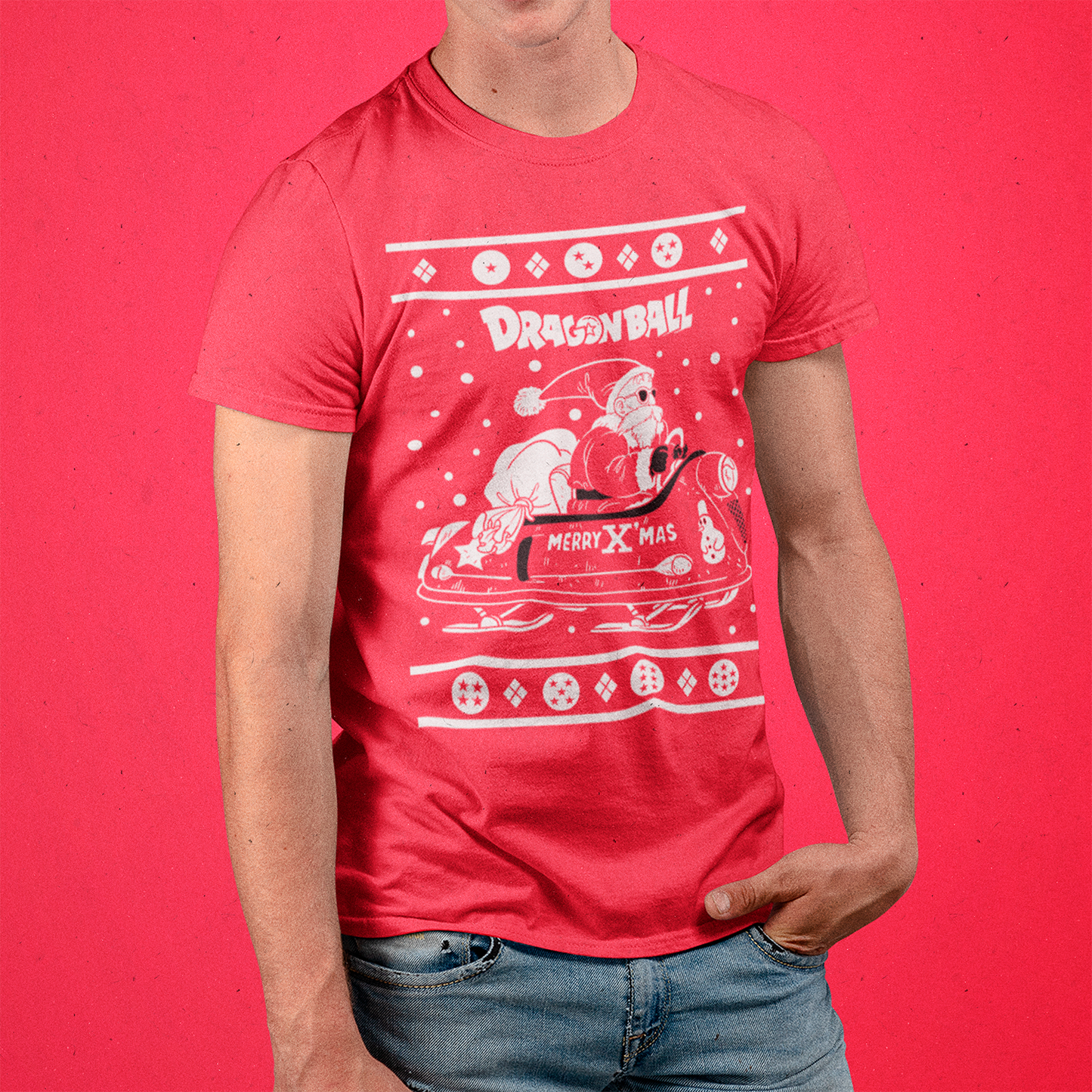 Hombre usando polera del Maestro Roshi Viejito Pascuero Dragon Ball