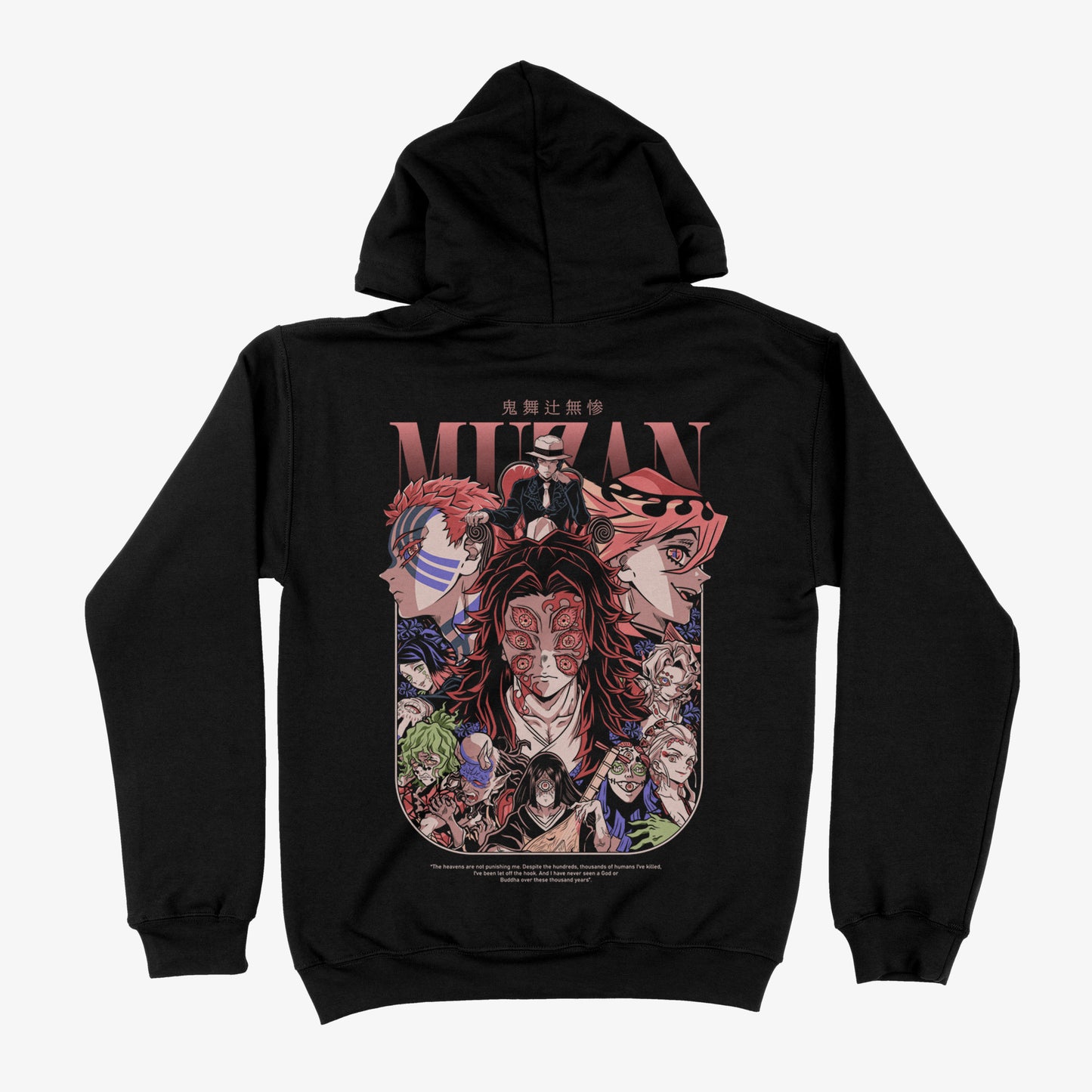 Hoodie Poleron Negro Kanji Demon Slayer, Muzan Kibutsuji y las 12 lunas, estampado trasero dtg