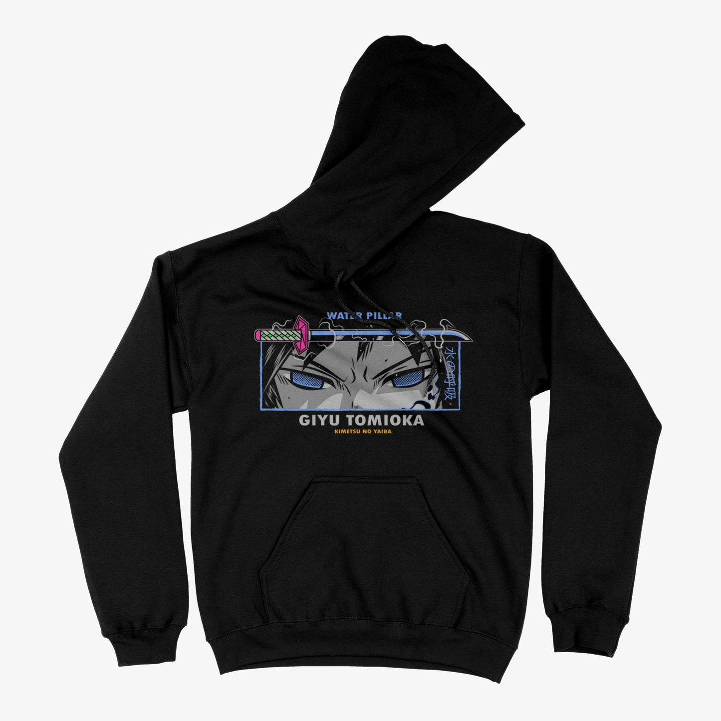 Hoodie negro de Kimetsu no Yaiba con el diseño frontal de los ojos azules y el rostro de Giyu Tomioka, su espada Nichirin y la frase 'Water Pillar' en un estilo neon