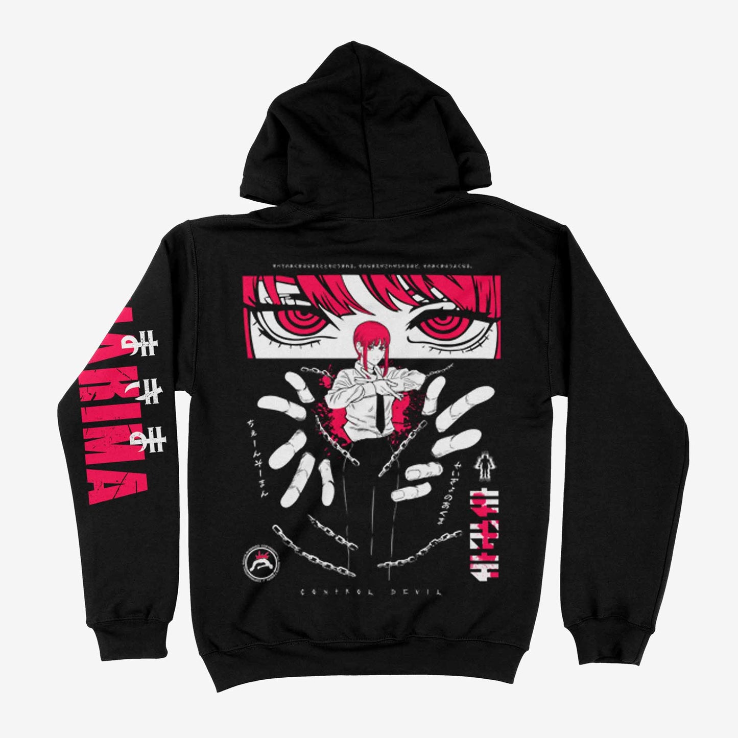 Hoodie negro de Makima. Diseño en la espalda con el símbolo del círculo de control y la silueta de la cabeza de Chainsaw Man en el centro