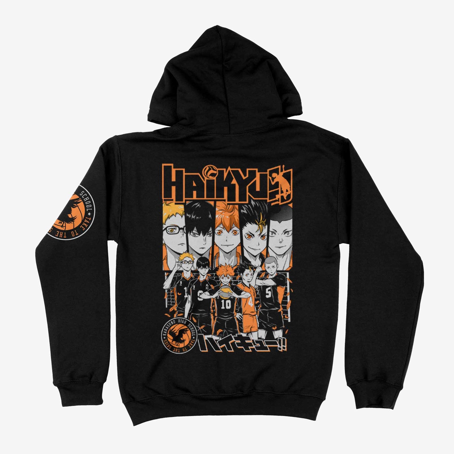 Ilustración del equipo completo de Karasuno de Haikyuu en la espalda de poleron hoodie, en tonos naranja, blanco y negro