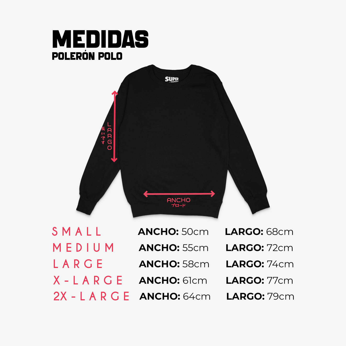 Imagen con medidas de tallas de un poleron desde la s a la 2xl