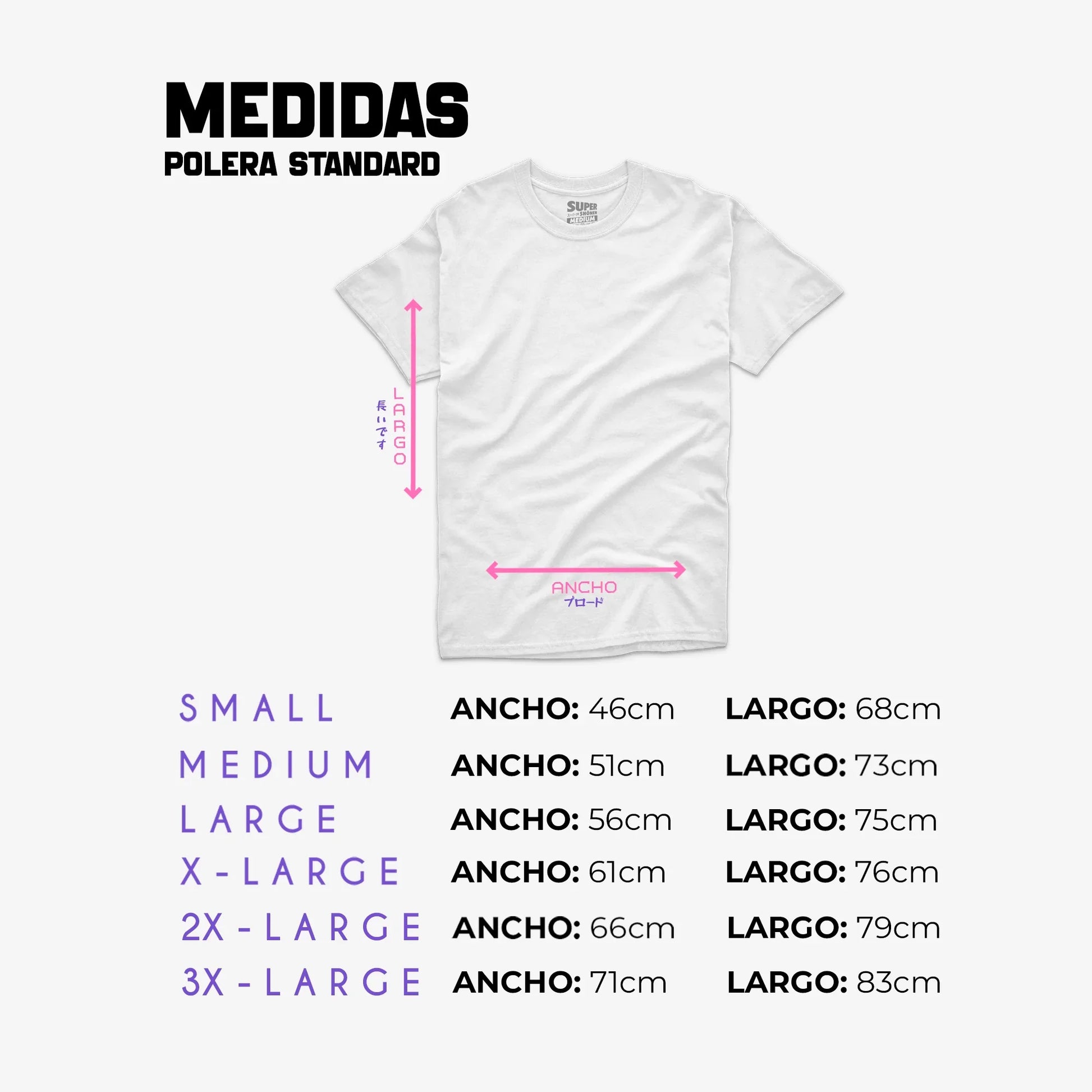 Medidas de las tallas S a la 3XL de una polera blanca standard