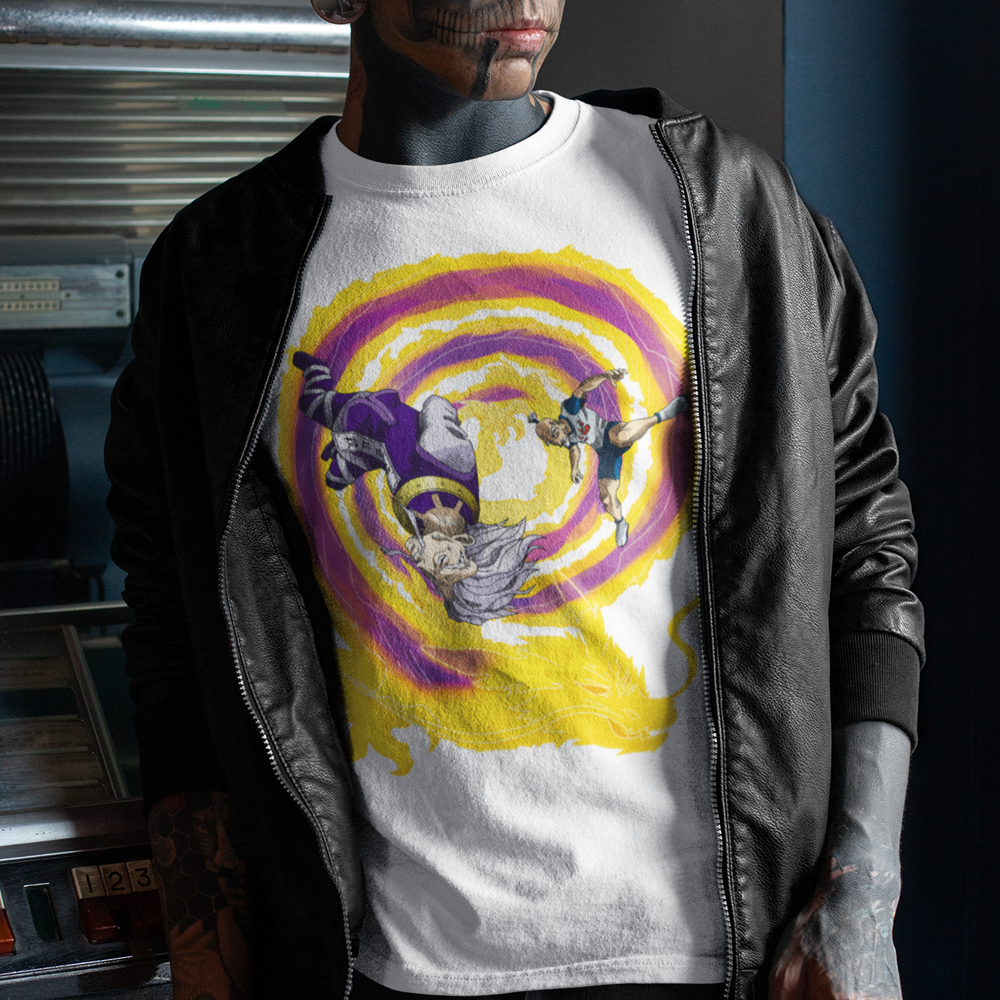 Modelo usando Polera Blanca Zeno Netero Dragon Dive Hunter x Hunter
