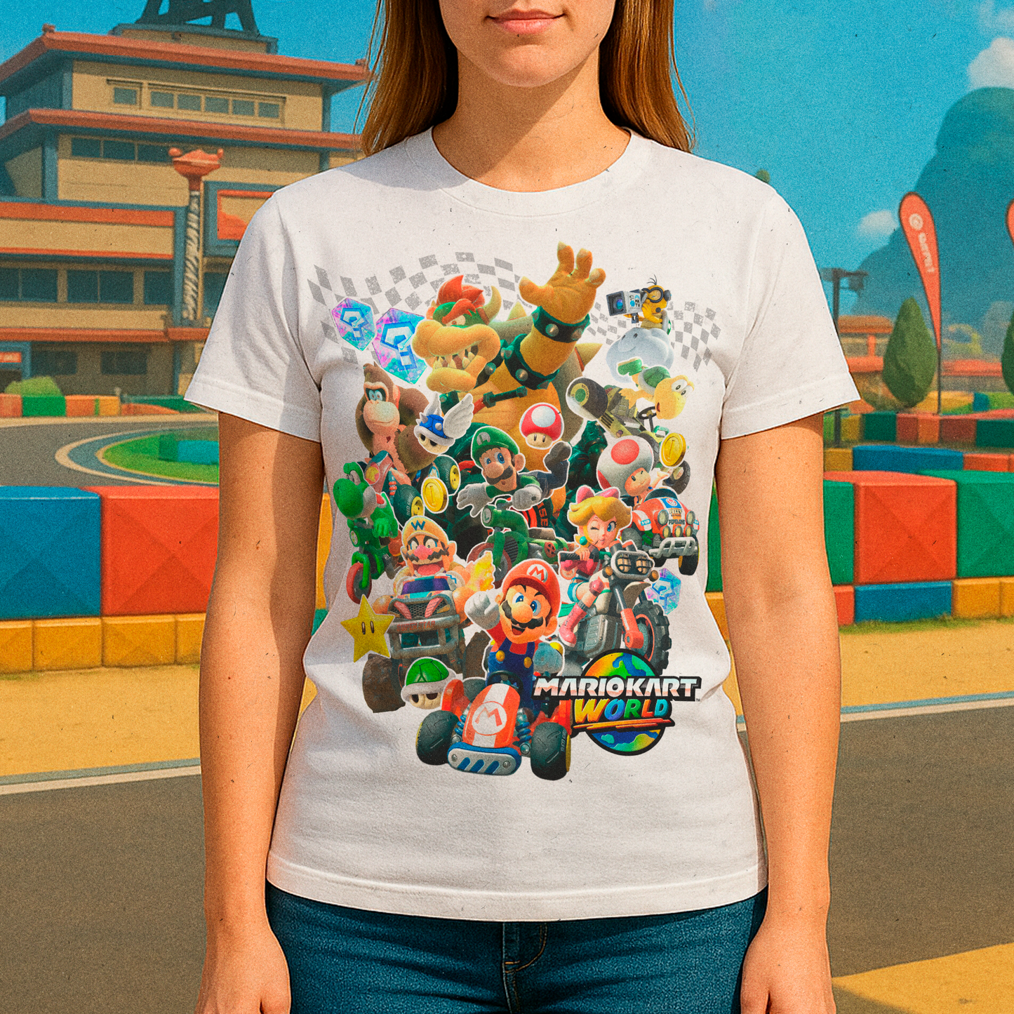 Mujer Usando Polera Blanca Mario Kart World en Mario Kart Circuit
