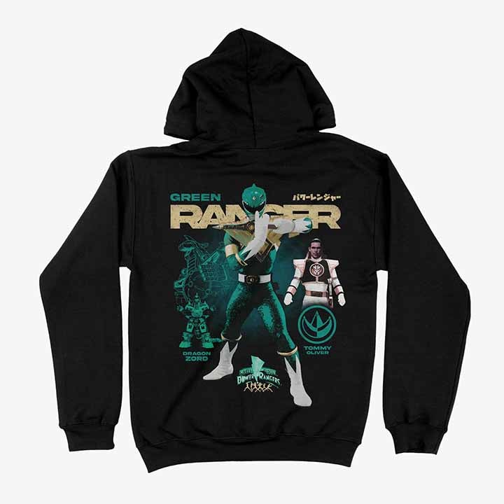 Parte trasera de un polerón canguro con capucha, de color negro con un diseño grande del Green Ranger de Power Rangers y Tommy Oliver, en pose de batalla.