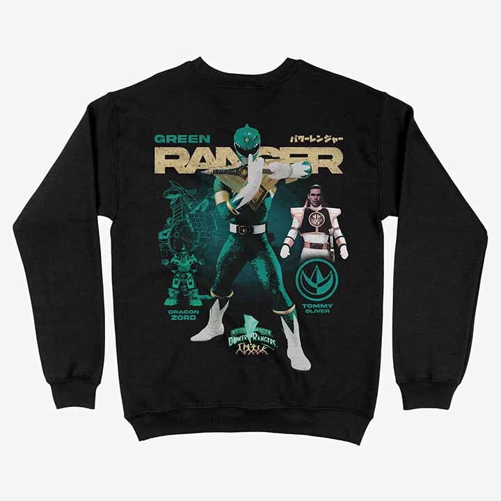 Parte trasera de un polerón negro con un diseño grande del Green Ranger de Power Rangers, Tommy Oliver, en pose de batalla.