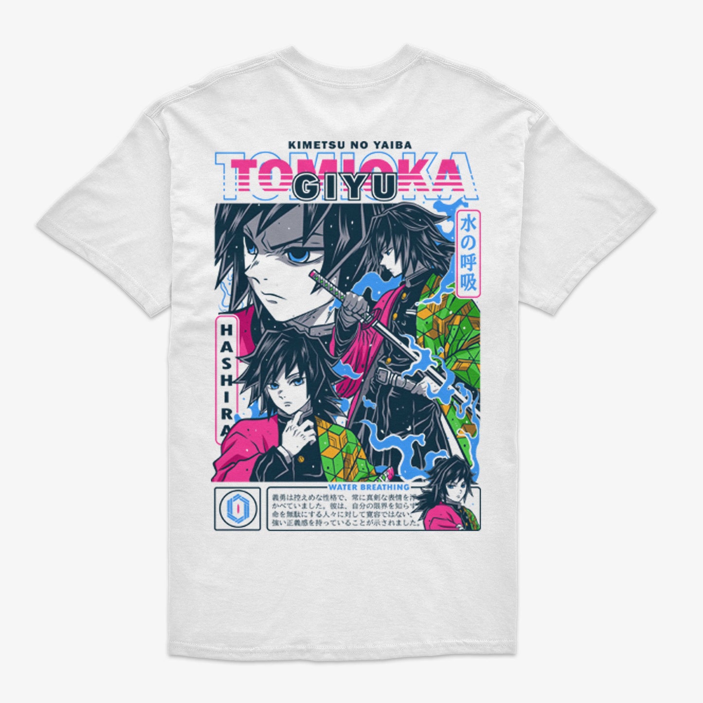 Parte trasera de una polera blanca de Kimetsu no Yaiba con una gran ilustración de Giyu Tomioka usando la 'Respiración del Agua', con efectos de agua y el texto 'Water Breathing' en tonos neón