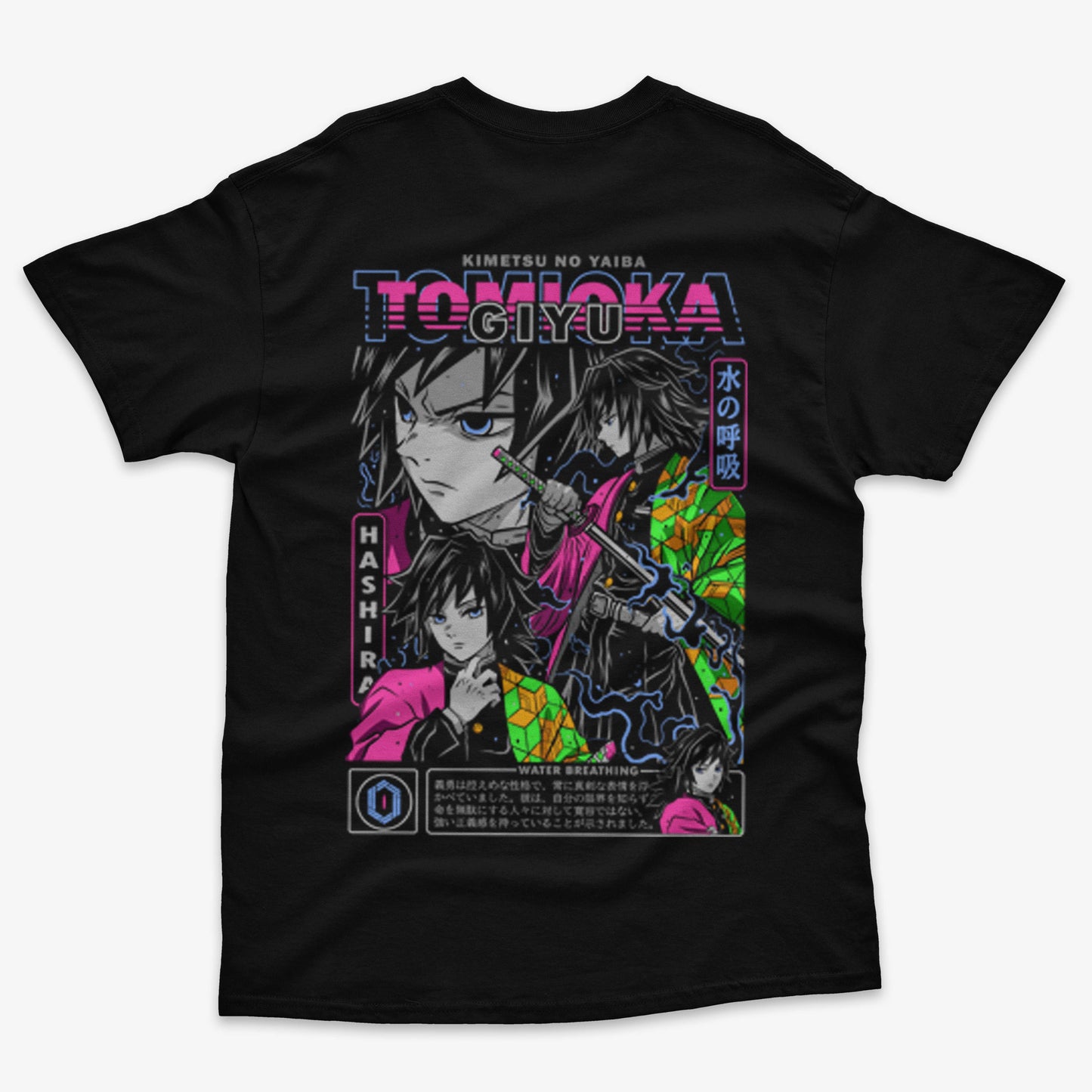 Parte trasera de una polera negra de Kimetsu no Yaiba con una gran ilustración de Giyu Tomioka usando la 'Respiración del Agua', con efectos de agua y el texto 'Water Breathing' en tonos neón