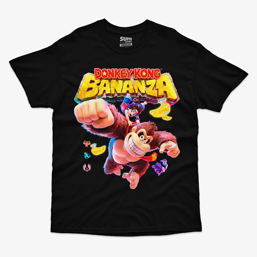 Polera Negra Donkey Kong Bananza con Donkey Kong y Pauline, diseño de aventura, colores vibrantes, algodón suave.