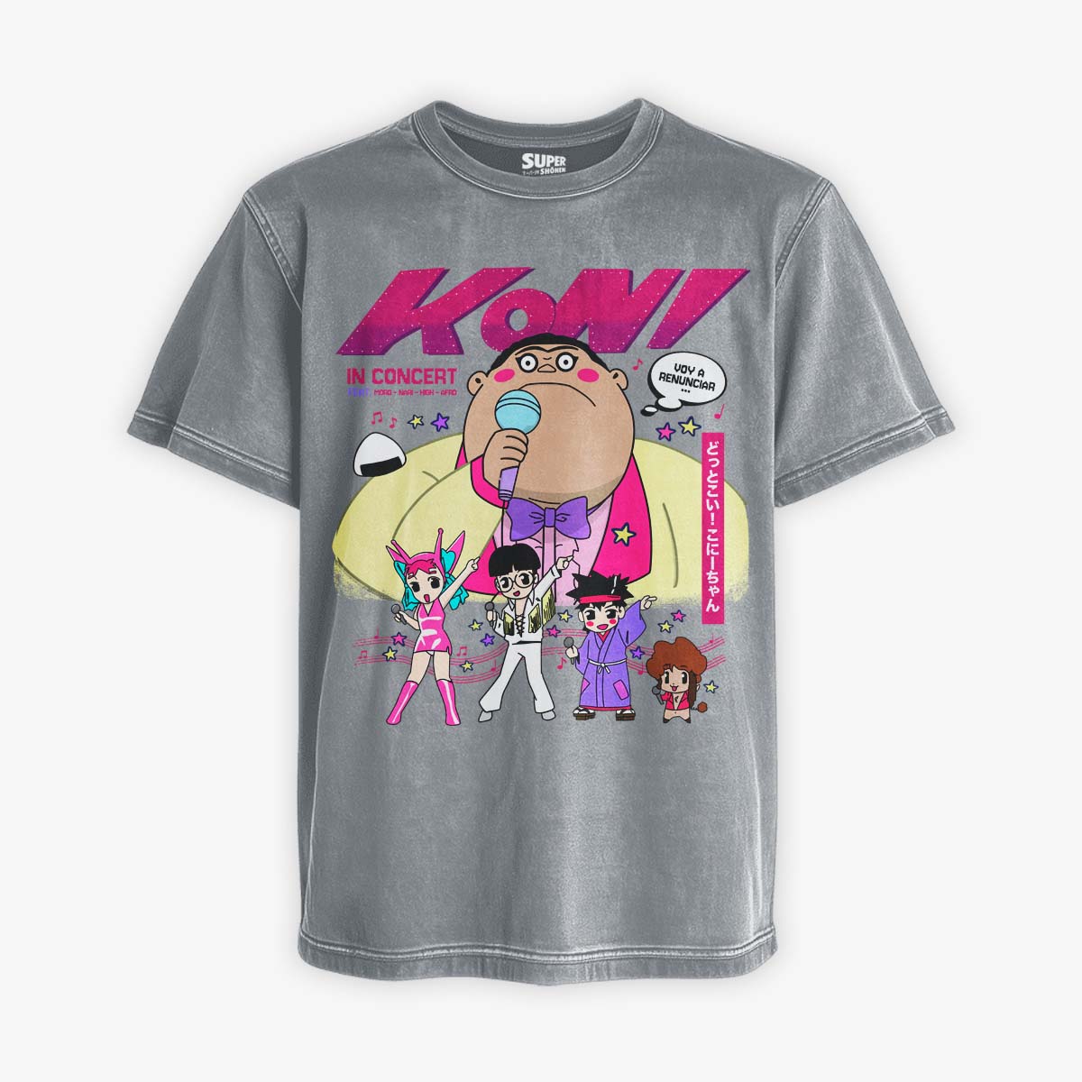 Polera acid wash gris con una gran ilustracion del personaje Koni-Chan en el centro cantando en un microfono, rodeado de cuatro personajes mas pequenos bailando. El texto 'KONI IN CONCERT' aparece arriba. El diseno es el mismo para el frente.