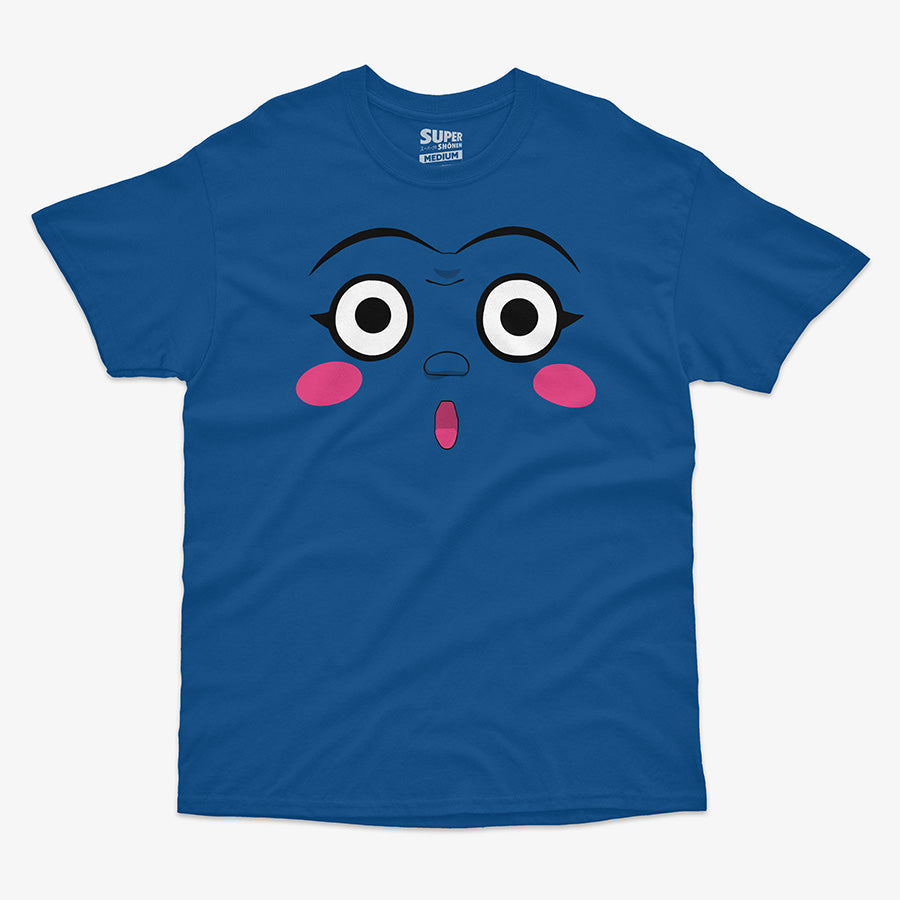 Polera azul rey de Dotto! Koni-chan. Diseno central de la cara de Koni-chan con grandes ojos blancos, rubor rosado en las mejillas y una boca pequena y abierta, con fondo azul