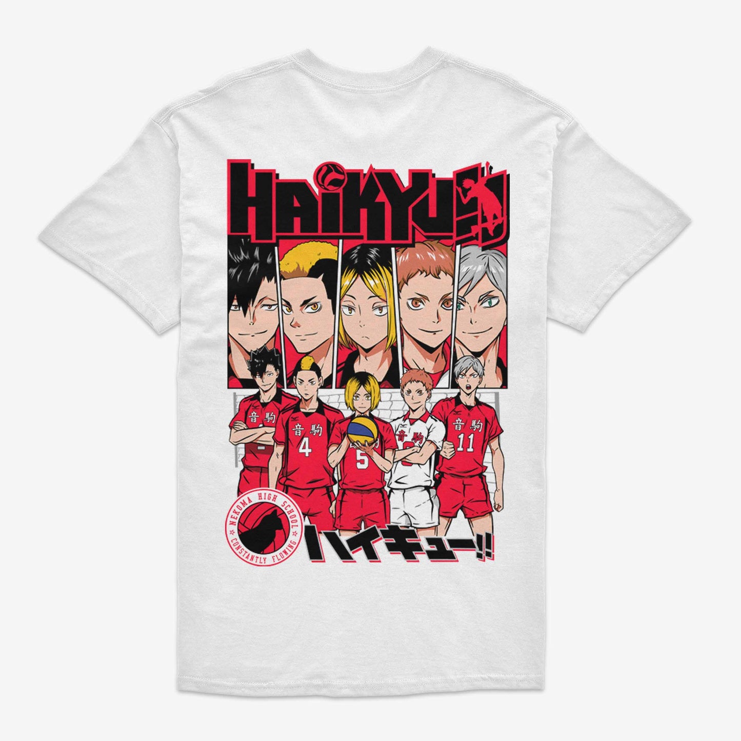 Polera blanca con ilustracion de los jugadores del equipo de voleibol Nekoma en la espalda haikyuu