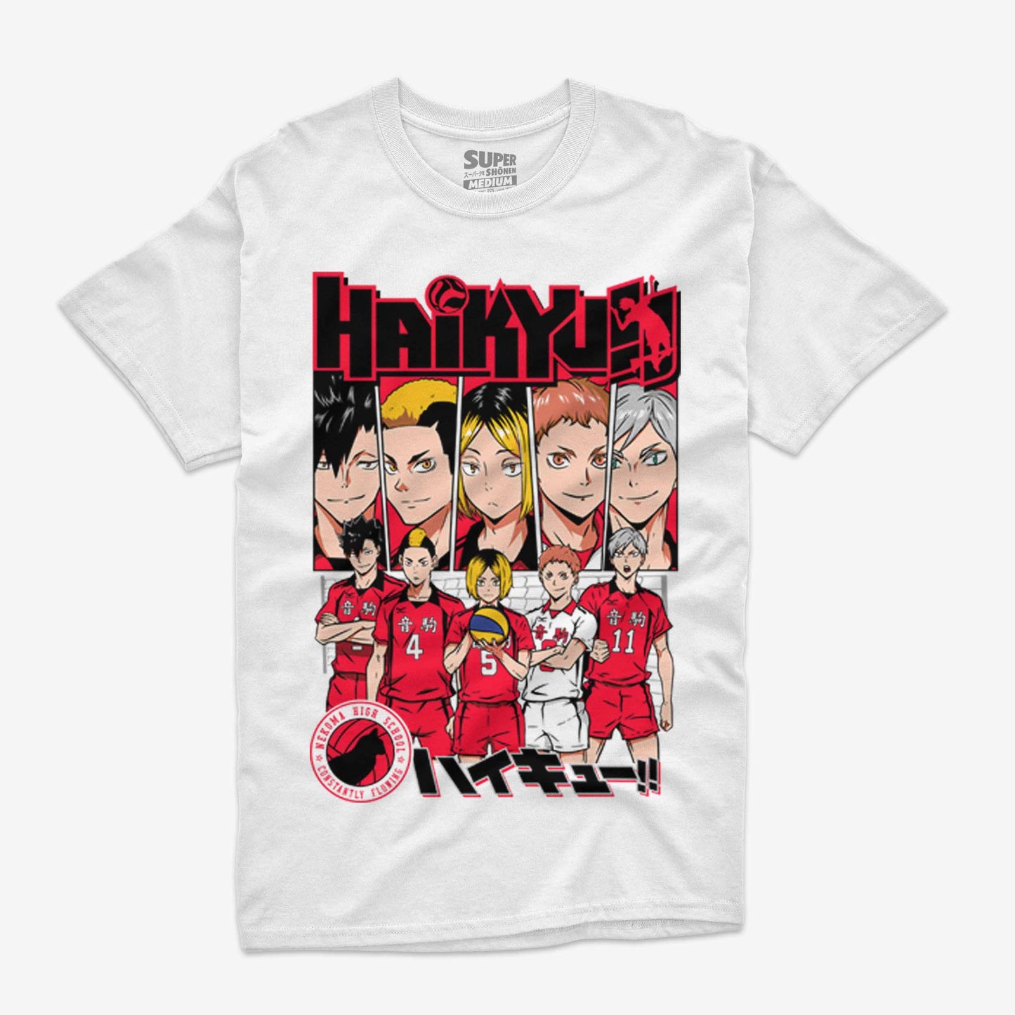 Polera blanca con la ilustración del equipo de volleyball Nekoma de Haikyuu!! en sus uniformes rojos y negros