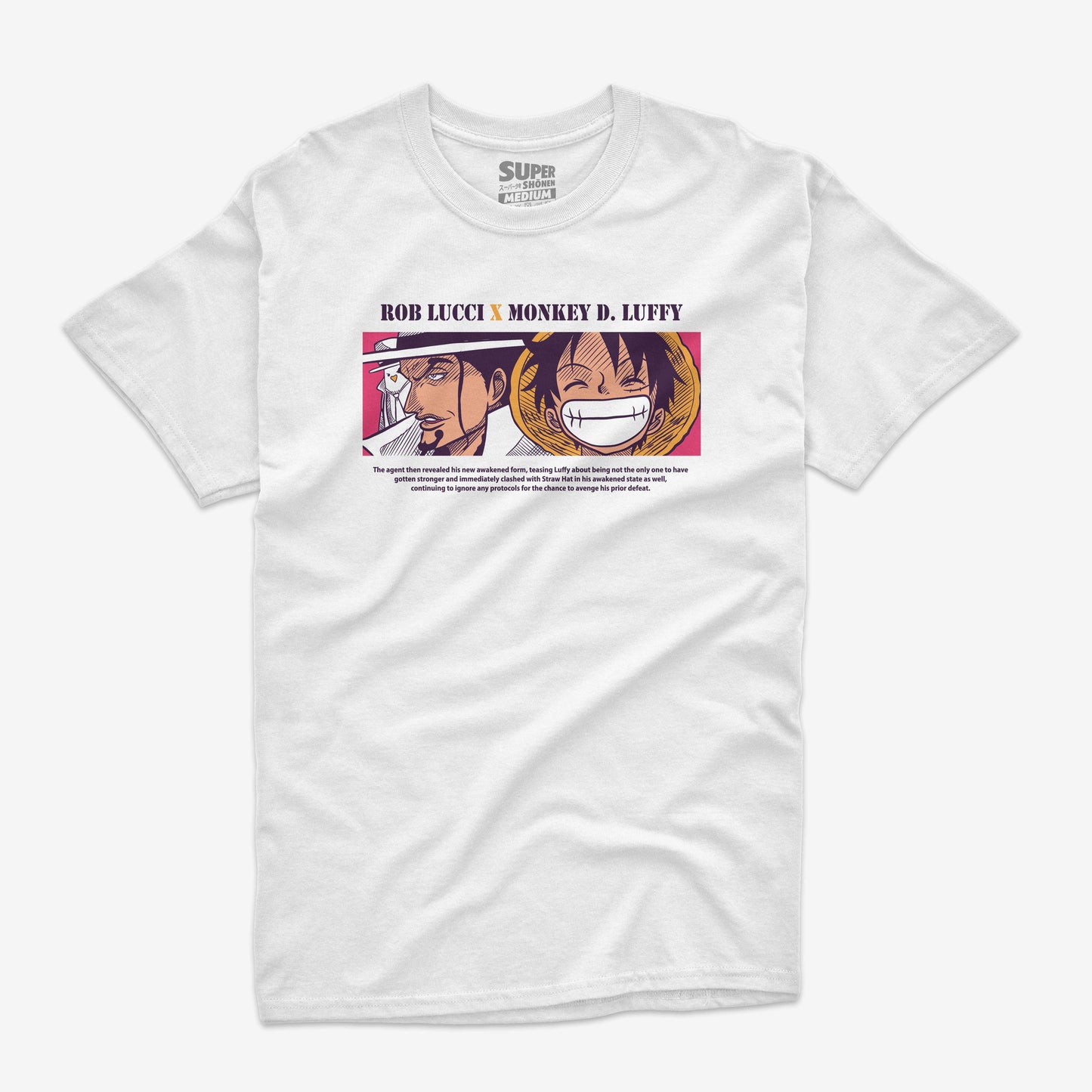 Polera blanca con la ilustracion frontal de Luffy y Lucci enfrentandose one Piece