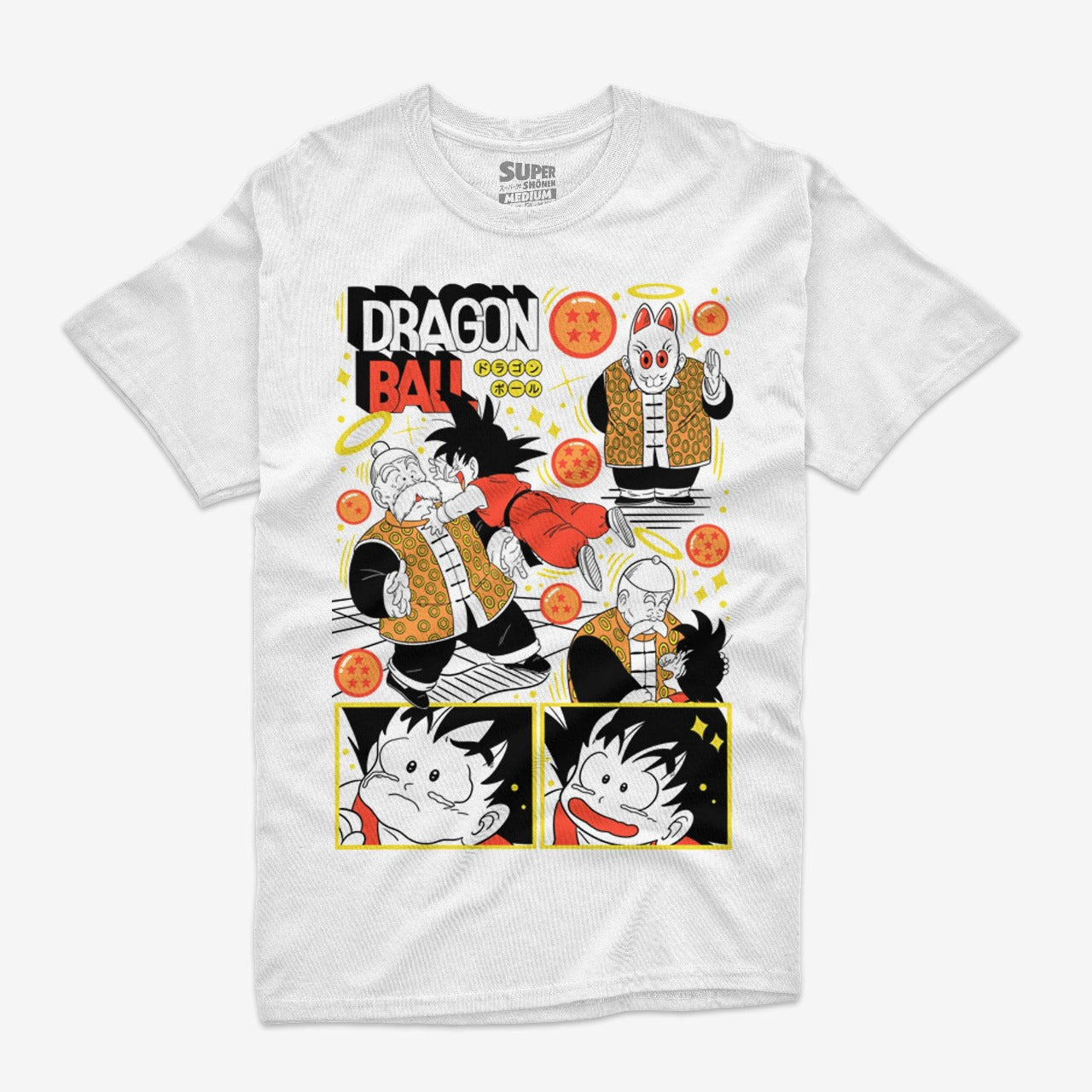 Polera blanca de Dragon Ball con ilustracion de Goku junto a su abuelo Son Gohan en el Otro Mundo rodeados de esferas del dragon