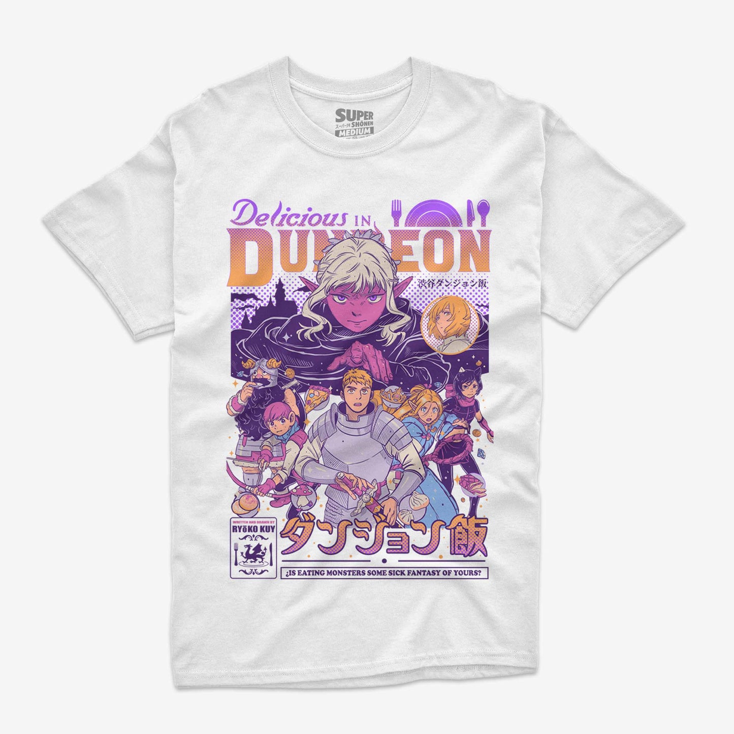 Polera blanca de Dungeon Meshi con una ilustracion que muestra a Laios, Marcille y otros personajes rodeados de monstruos y utensilios de cocina