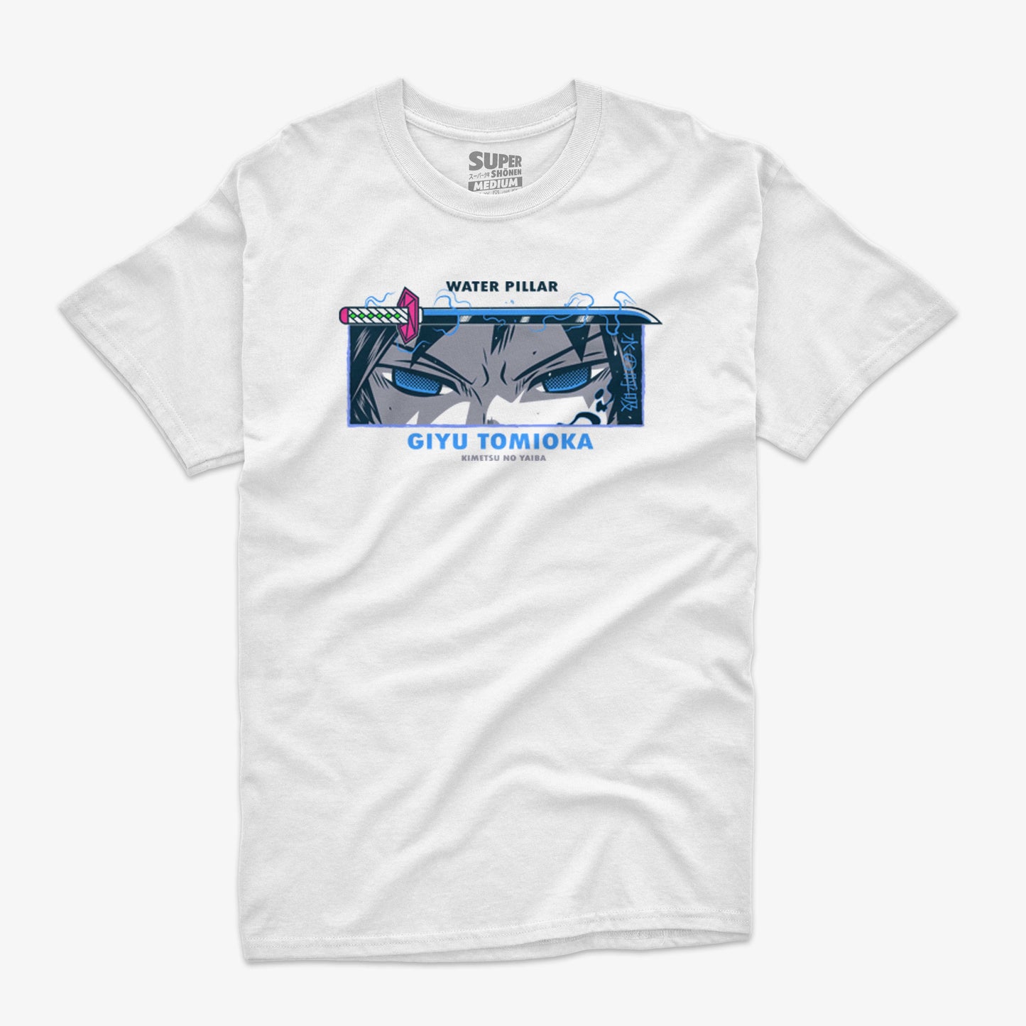 Polera blanca de Kimetsu no Yaiba con un diseño frontal de los ojos de Giyu Tomioka, su espada y la frase 'Water Pillar' en un estilo neón, junto al nombre del personaje