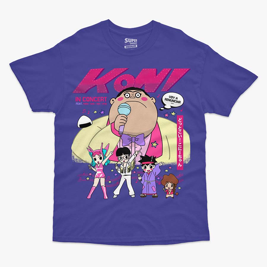 Polera morada con una gran ilustracion del personaje Koni-Chan en el centro cantando en un microfono, rodeado de cuatro personajes mas pequenos bailando. El texto 'KONI IN CONCERT' aparece arriba. El diseno es el mismo para el frente.