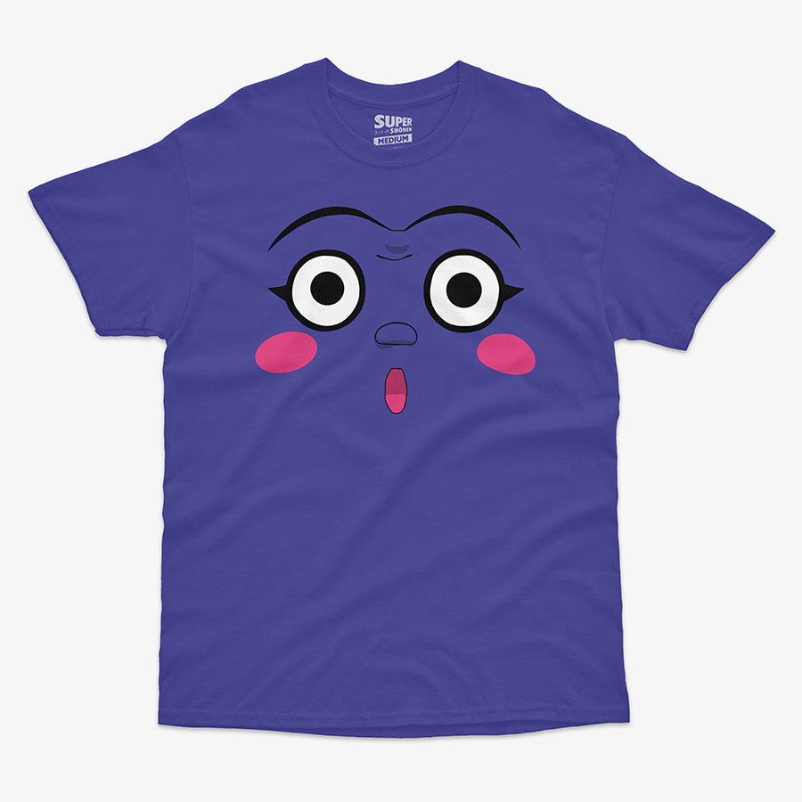 Polera morada de Dotto! Koni-chan. Diseno central de la cara de Koni-chan con grandes ojos blancos, rubor rosado en las mejillas y una boca pequena y abierta, con fondo morado
