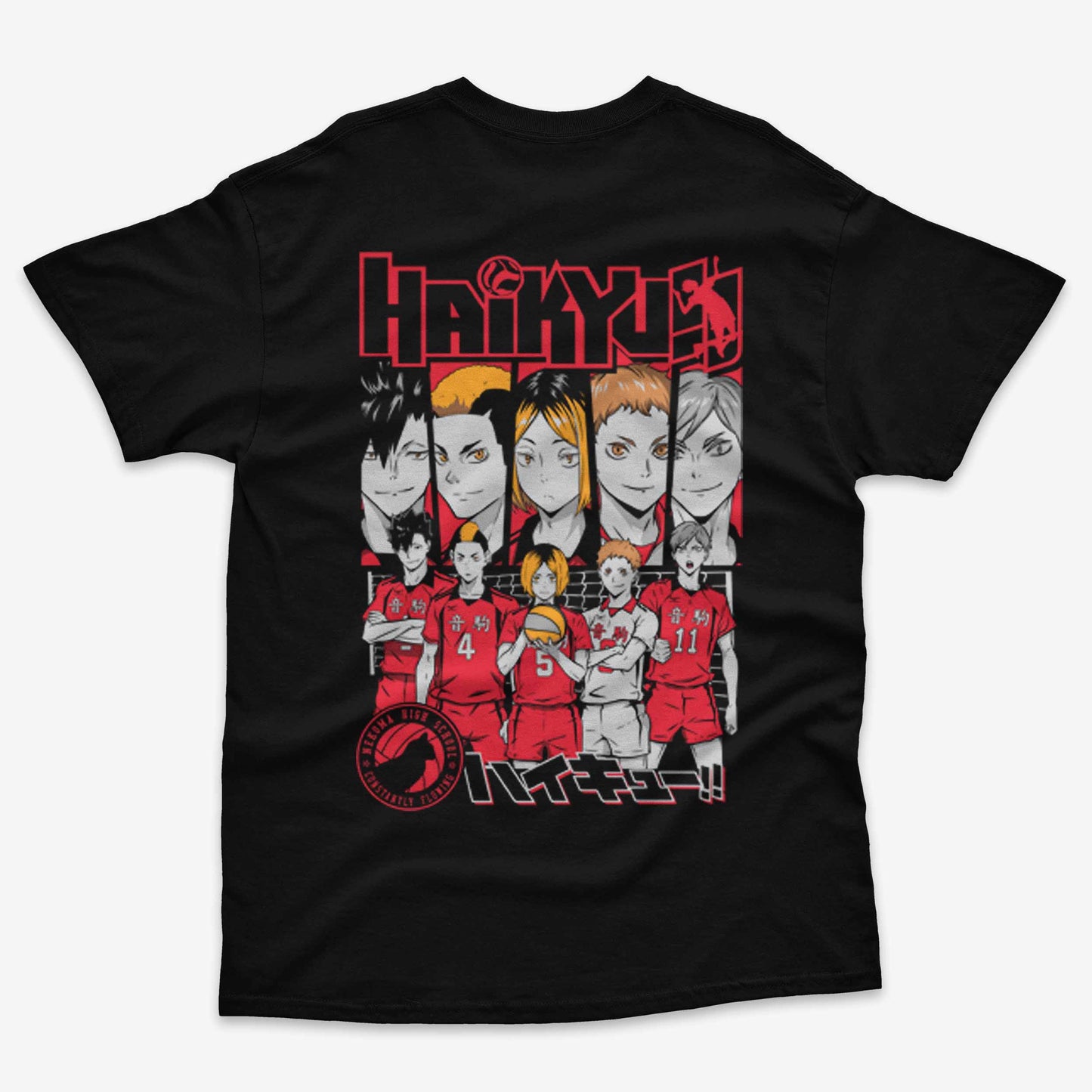 Polera negra con ilustracion de los jugadores del equipo de voleibol Nekoma en la espalda haikyuu