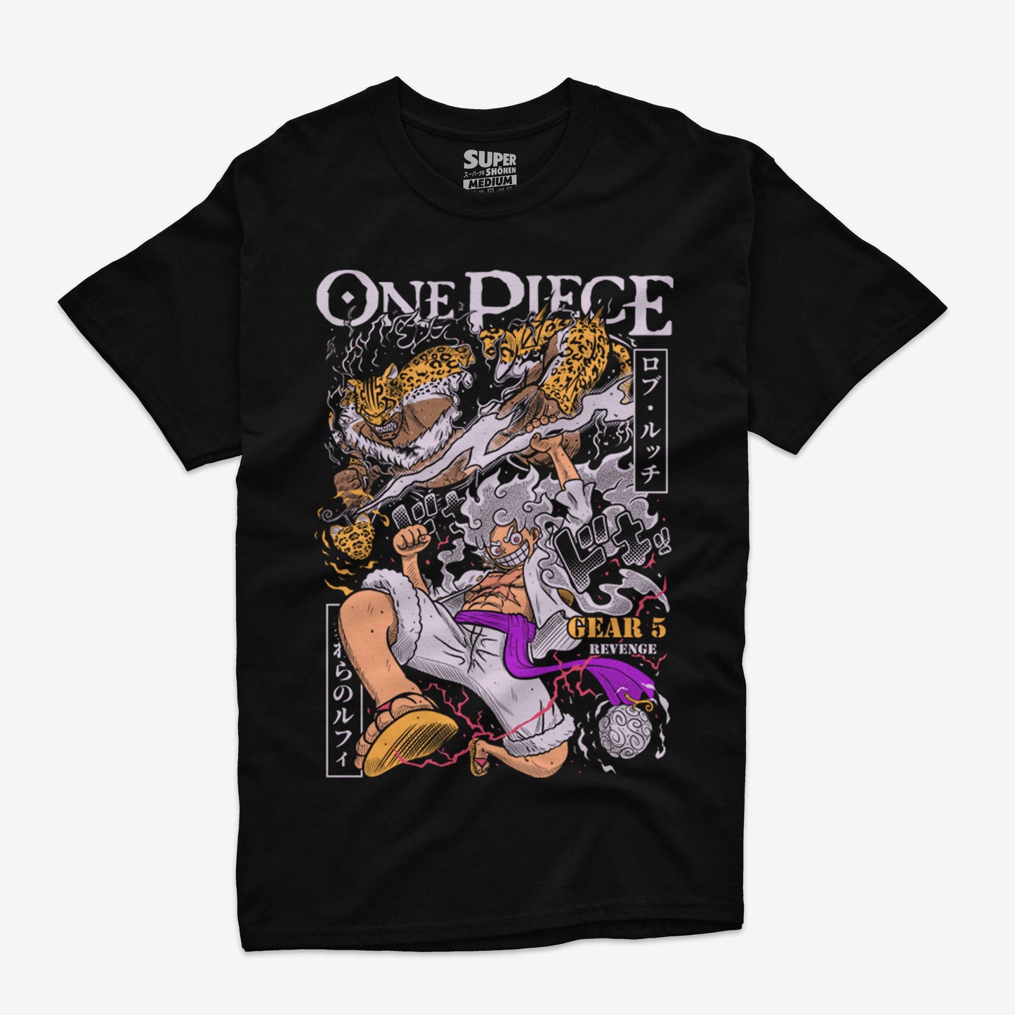 Polera negra con la ilustracion frontal de Luffy Gear 5 y Lucci One Piece