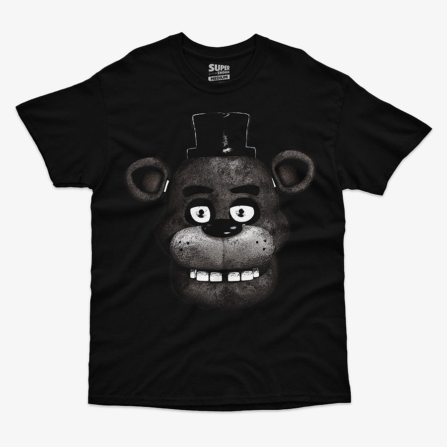 Polera negra de Freddy Fazbear de Five Nights at Freddy's. Diseño frontal solo del rostro del oso animatrónico en blanco y negro con sombrero de copa