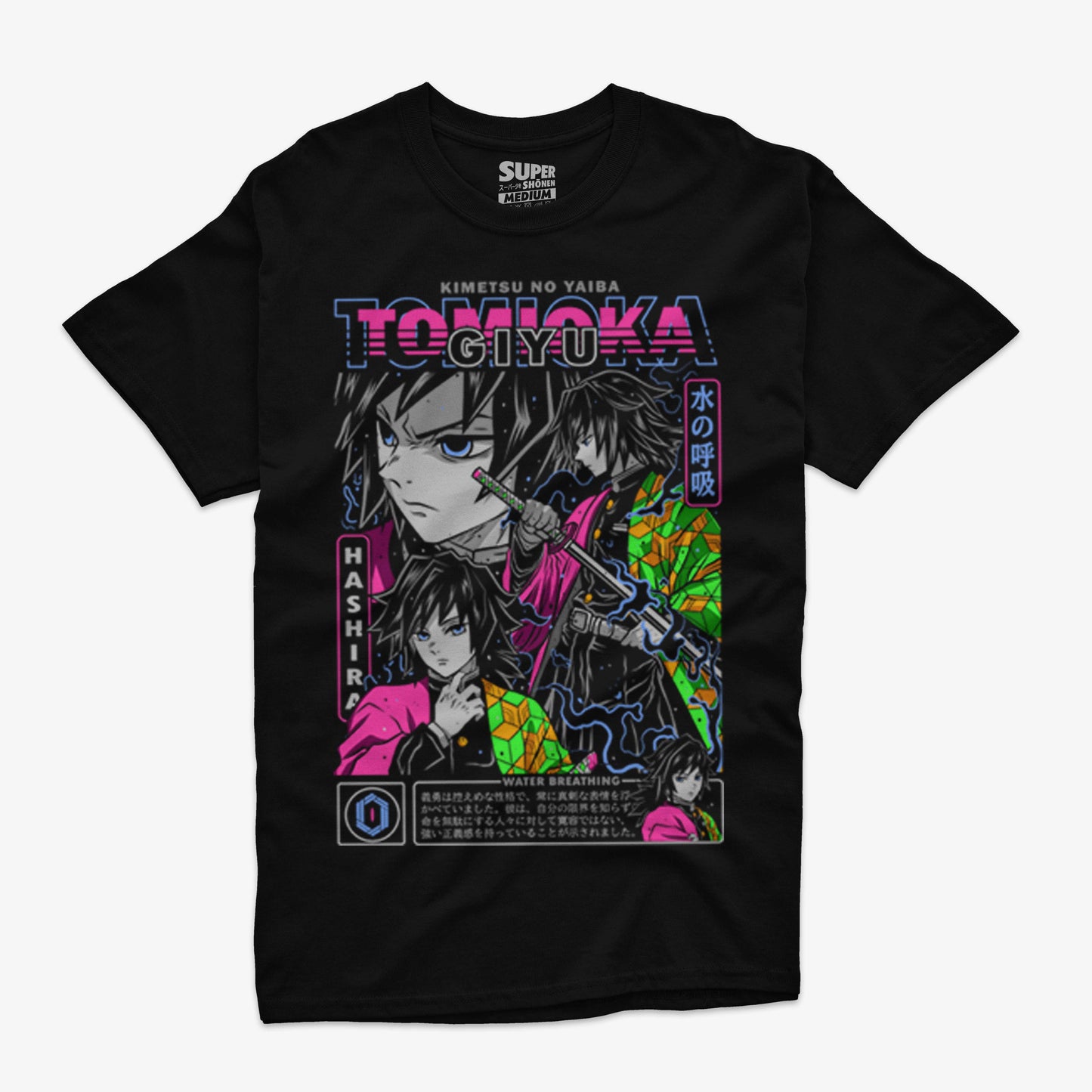 Polera negra de Kimetsu no Yaiba con una gran ilustracion frontal de Giyu Tomioka en varias poses, con efectos de agua y el texto 'Water Breathing' en tonos neon