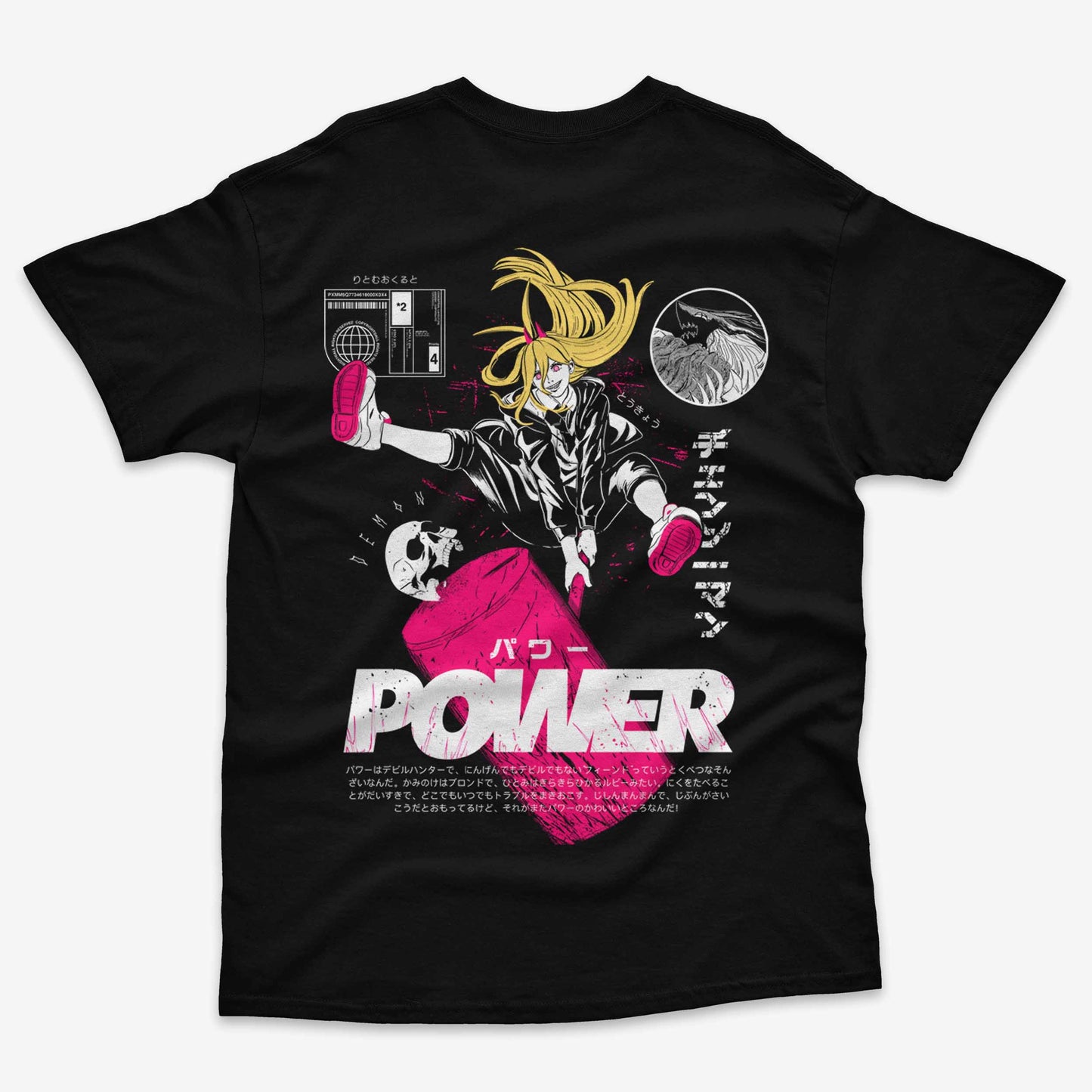 Polera negra de Power. Diseño en la espalda con arte de sangre y el Martillo de Sangre, rodeado de texto japonés y detalles de manga