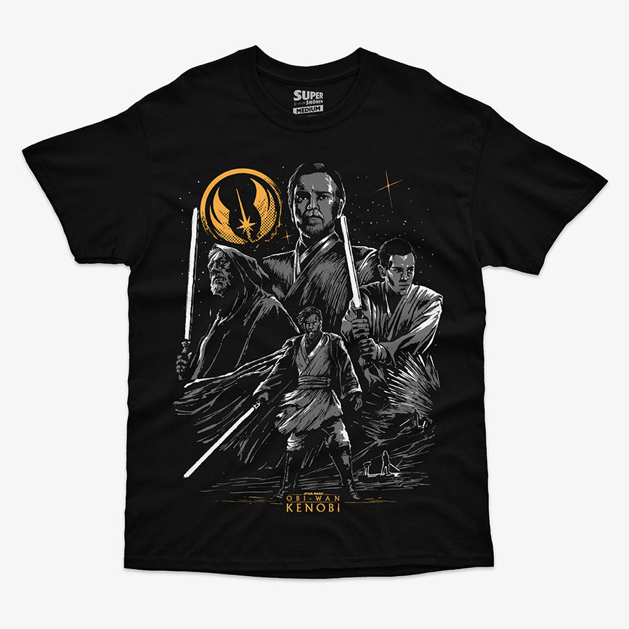 Polera negra de Star Wars con una ilustracion en blanco y negro de Obi-Wan Kenobi en tres etapas de su vida, junto al logo de la Orden Jedi y el texto 'Obi-Wan Kenobi' en la parte inferior