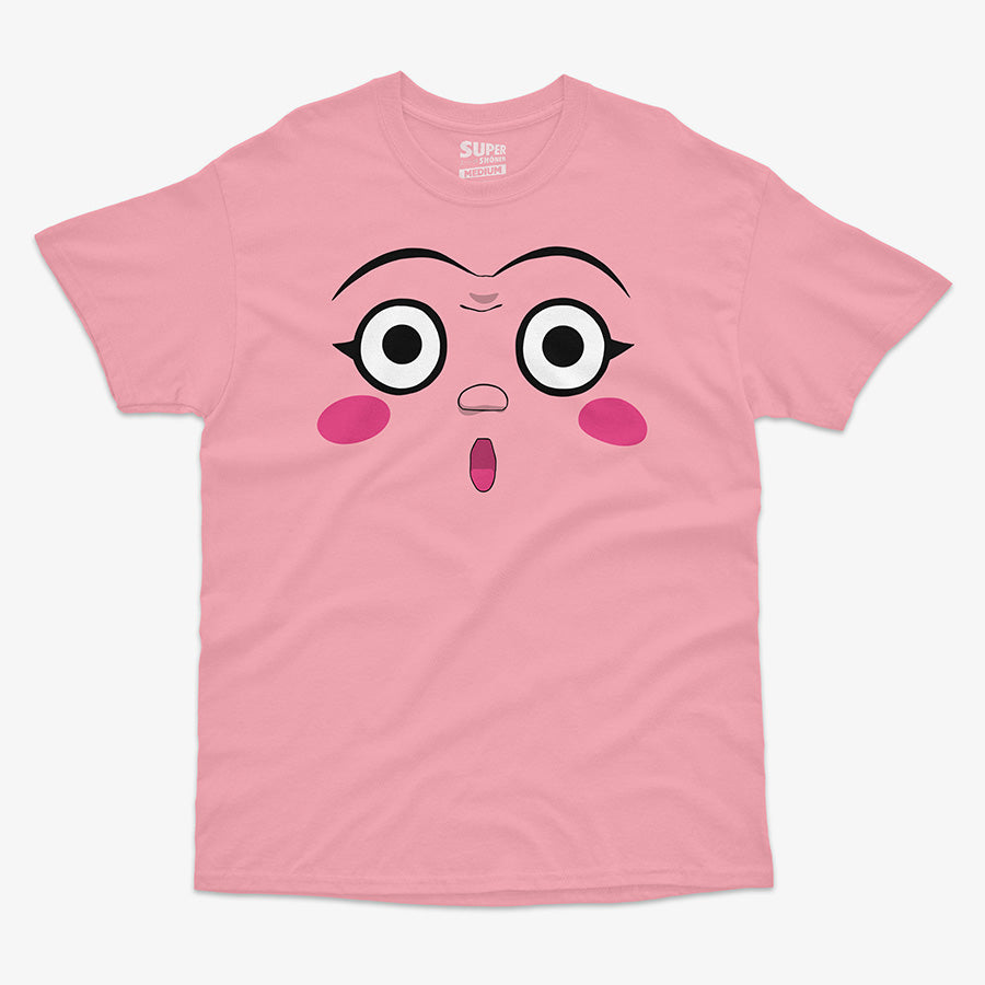 Polera rosada de Dotto! Koni-chan. Diseno central de la cara de Koni-chan con grandes ojos blancos, rubor rosado en las mejillas y una boca pequena y abierta, con fondo rosado