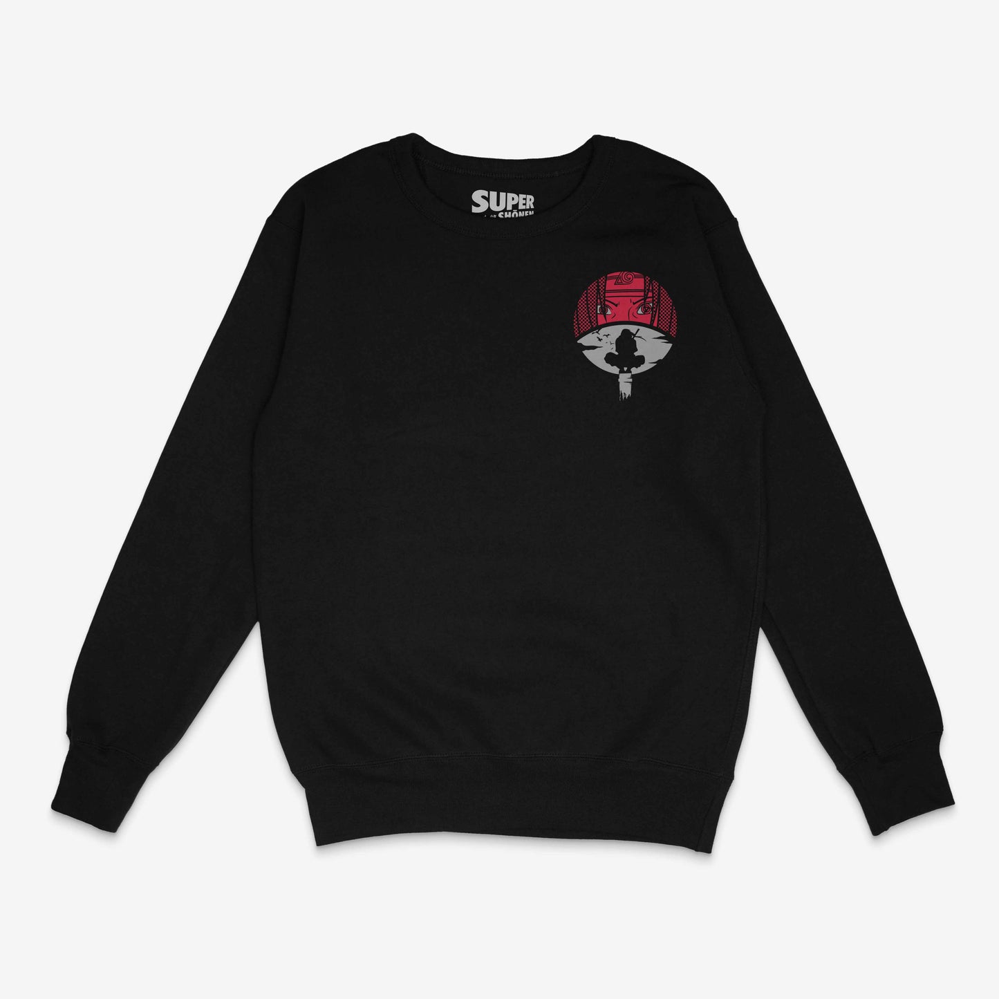 Poleron Polo Negro Itachi Uchiha, Con ninja adolescente en la parte frontal y simbolo uchiha
