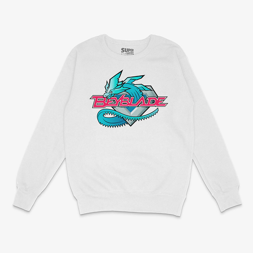 Polerón blanco con el logo de Beyblade en color celeste y fucsia en el centro del pecho