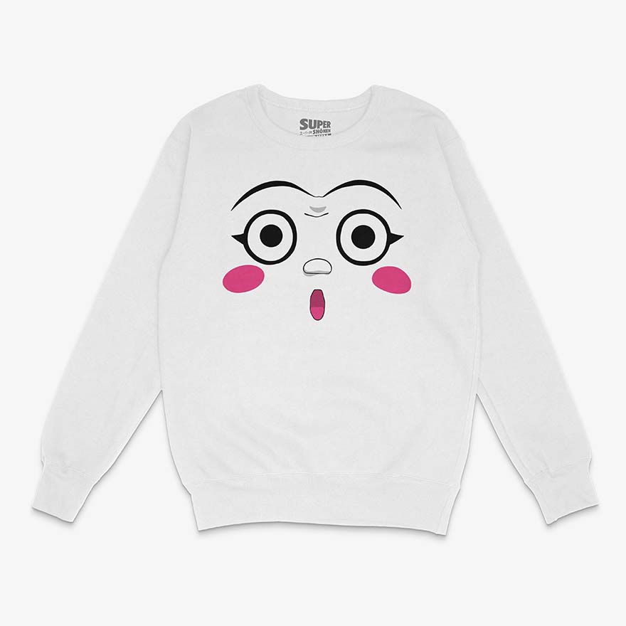 Poleron blanco de Dotto! Koni-chan. Diseno central de la cara de Koni-chan con grandes ojos blancos, rubor rosado en las mejillas y una boca pequeña y abierta, con fondo blanco