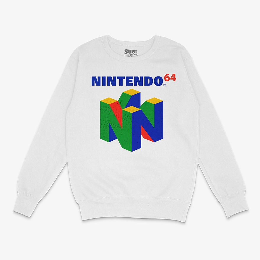 Poleron blanco de cuello redondo con el logo tridimensional de Nintendo 64 en el centro