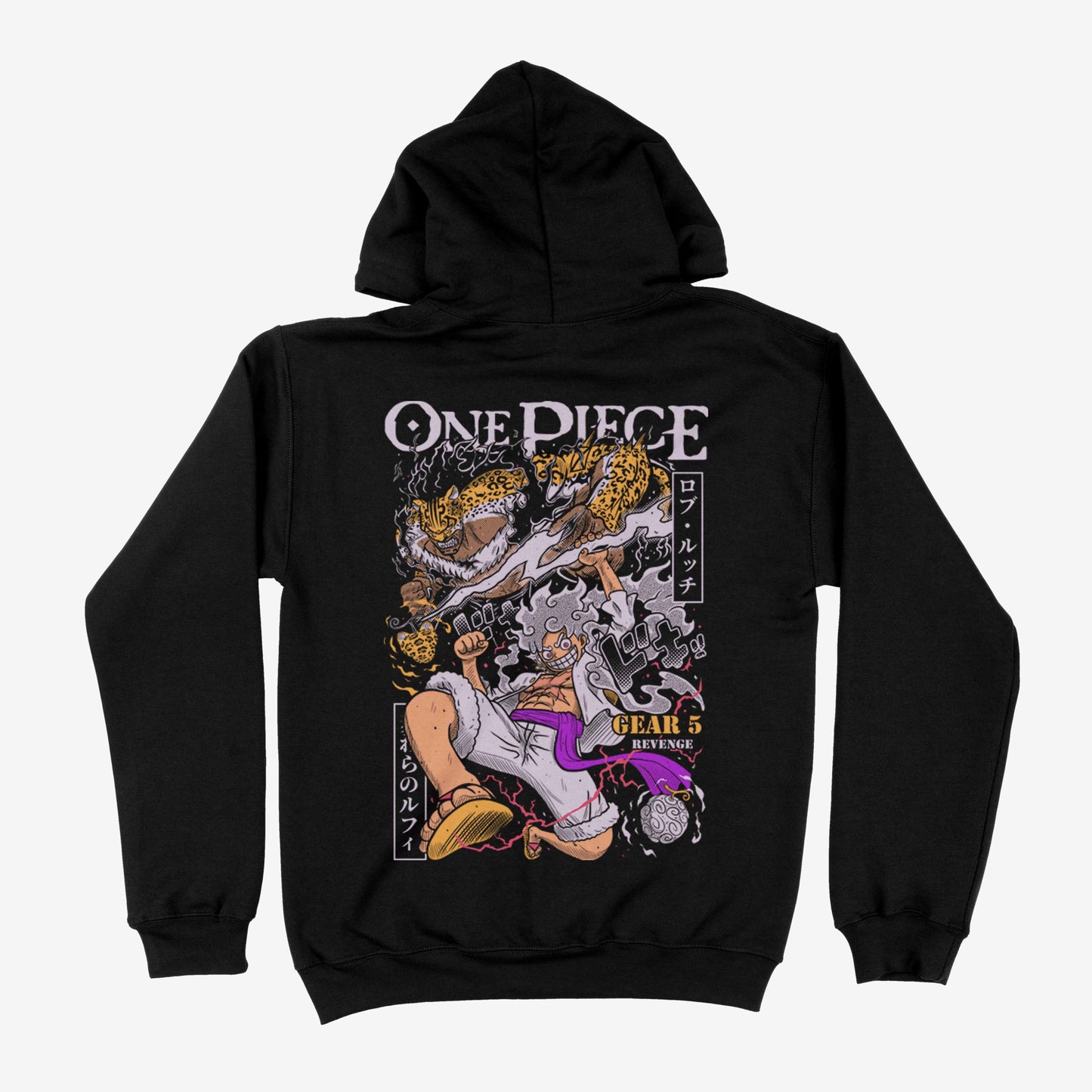 Poleron hoodie negro con una ilustracion en la espalda de Luffy en su forma Gear 5 luchando contra Rob Lucci
