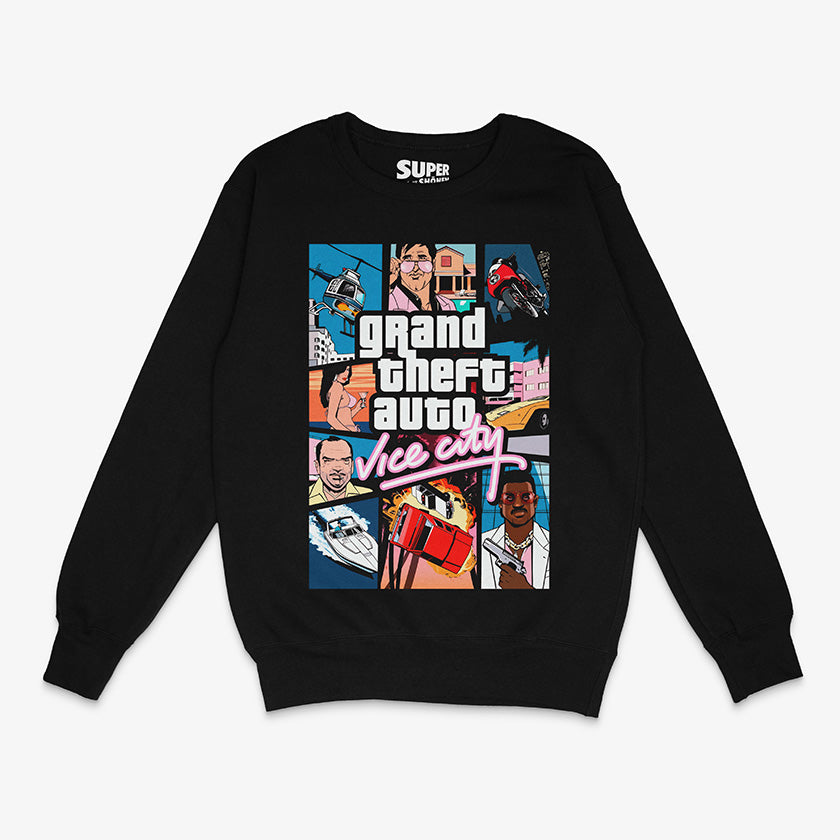 Poleron negro con el iconico collage de la portada de Grand Theft Auto Vice City, mostrando a Tommy Vercetti y otros personajes. Diseno frontal y de manga larga