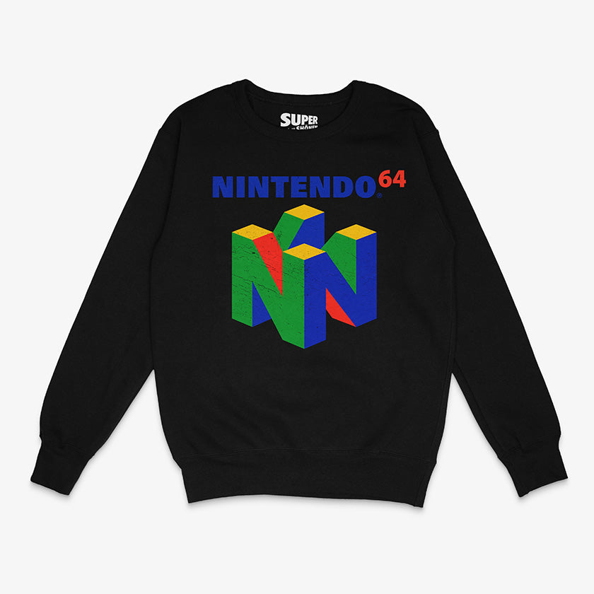 Poleron negro de cuello redondo con el logo tridimensional de Nintendo 64 en el centro
