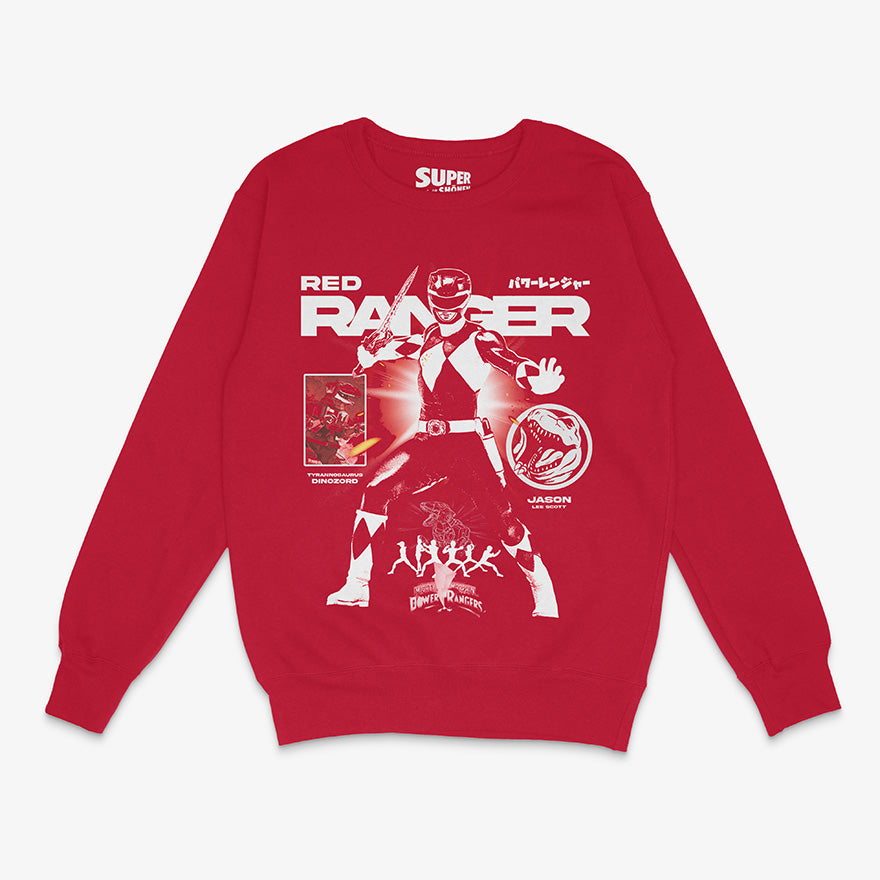Polerón rojo con la ilustración en blanco del Power Ranger Rojo, su nombre Jason Lee Scott y el Tyrannosaurus Dinozord