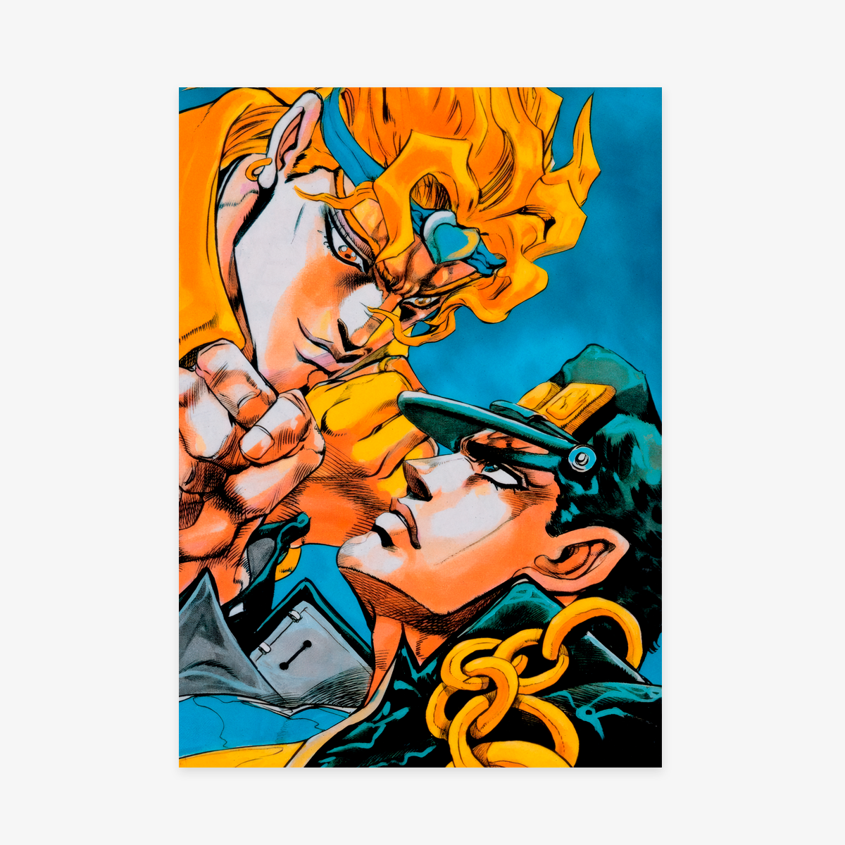 Póster de JoJo's Bizarre Adventure Stardust Crusaders con un intenso primer plano de Jotaro Kujo y DIO Brando, enfrentándose con sus Stands Star Platinum y The World