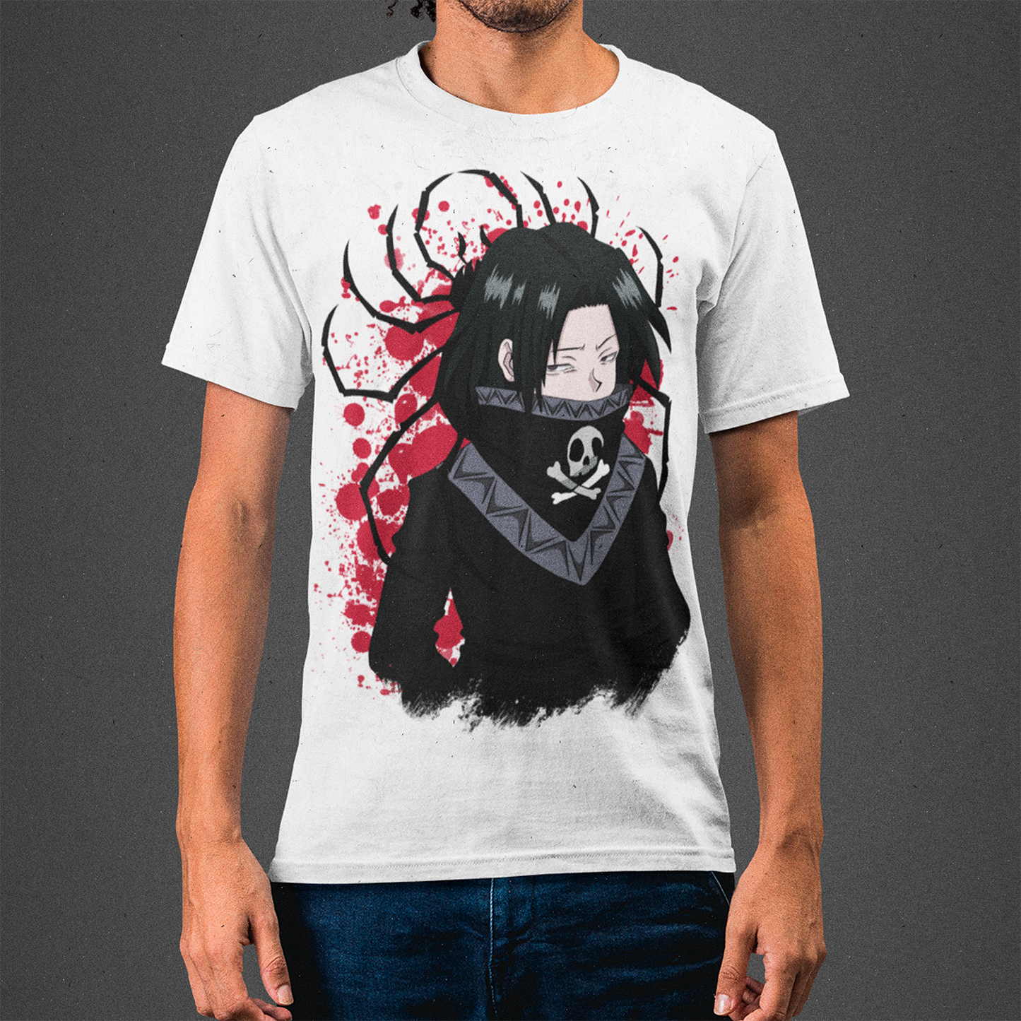Hombre usando polera blanca de Feitan, Tropa Fantasma, diseño anime exclusivo