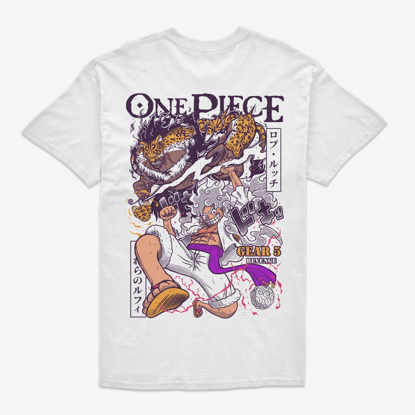 polera blanca con estampado trasero de luffy vs lucci en egghead con frutas despertadas one piece
