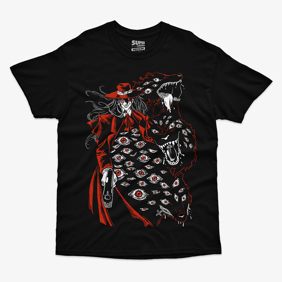 polera negra con diseno de alucard y baskerville