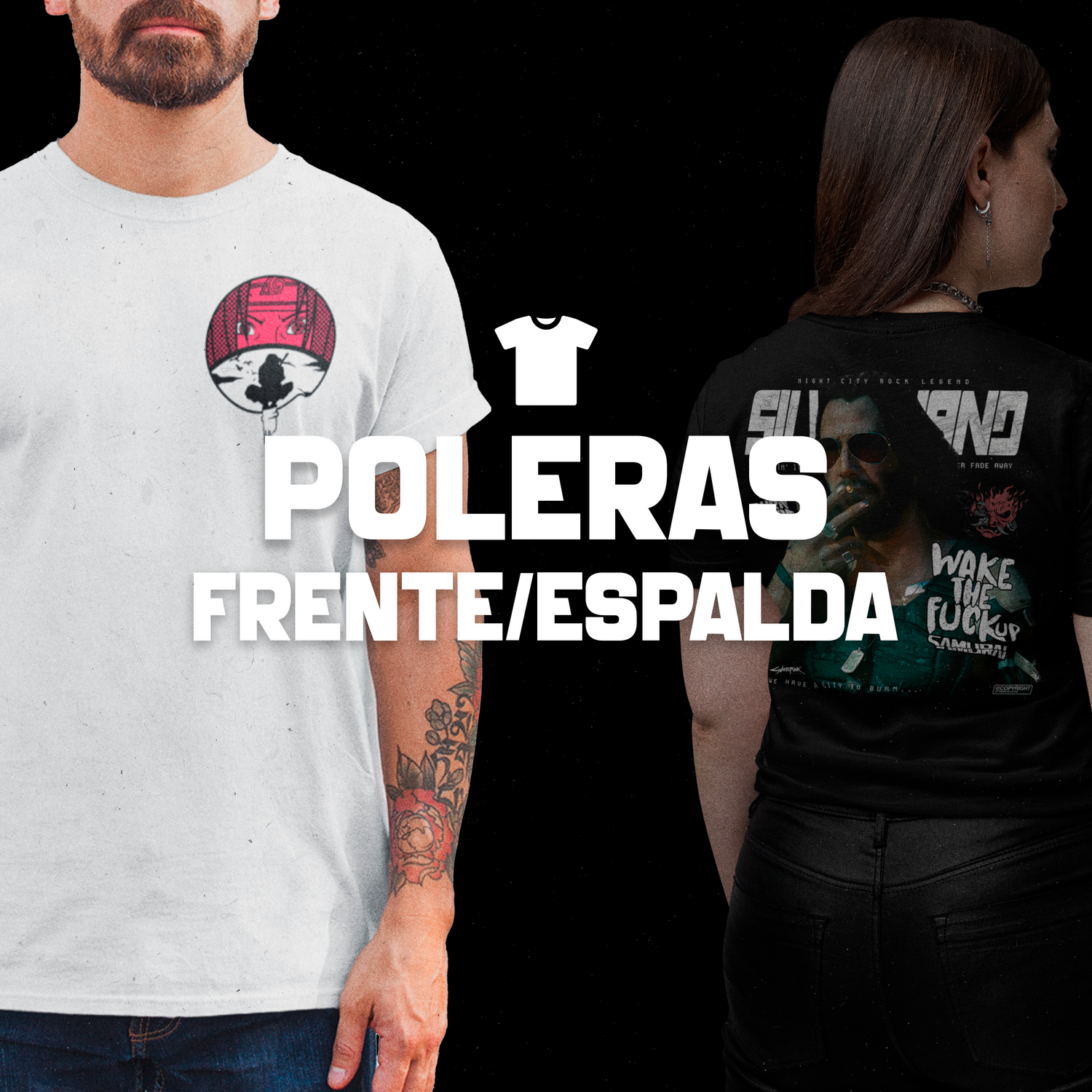 Banner de la colección "Poleras Front/Back" de Super Shōnen, mostrando una polera con un diseño en la espalda y el texto "POLERAS FRENTE/ESPALDA", resaltando la característica de doble estampado