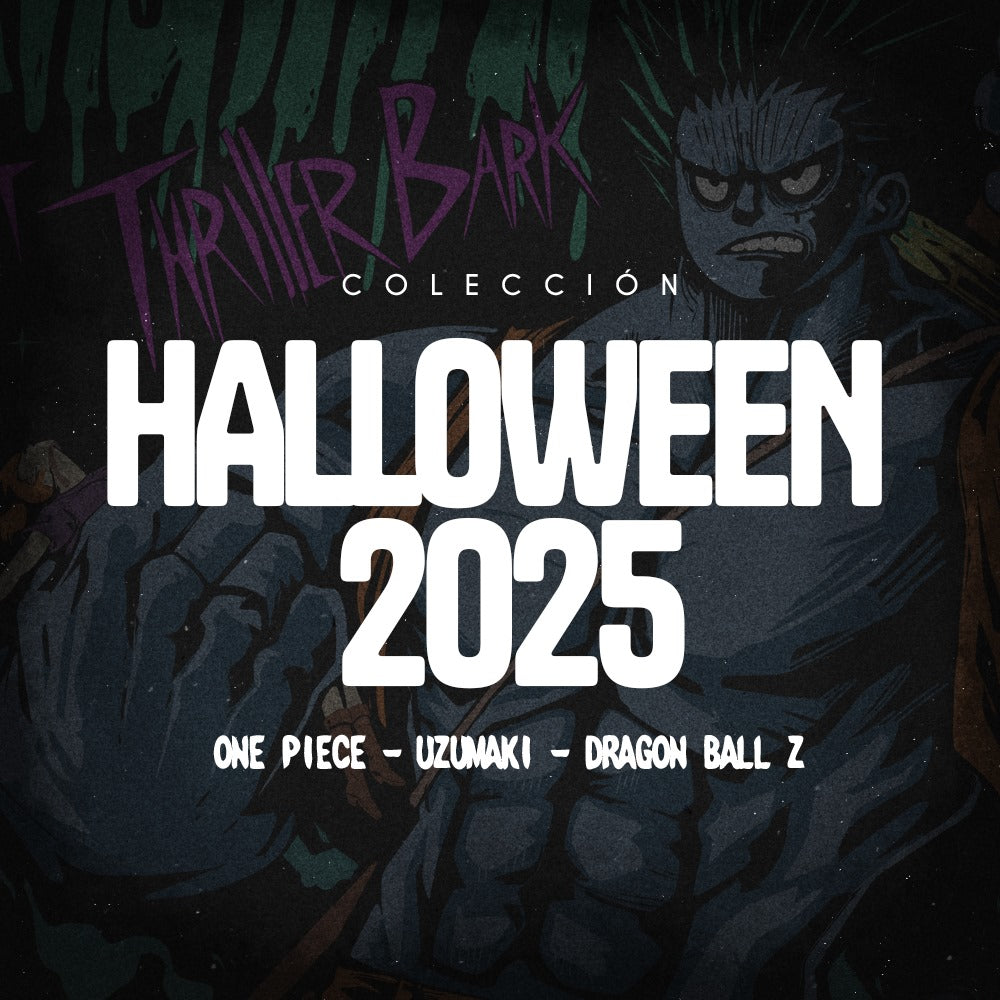 Banner de la coleccion Halloween 2024 de Super Shonen, con tematica oscura de anime, mostrando el logo de Halloween y mostrando a Nightmare Luffy de One Piece