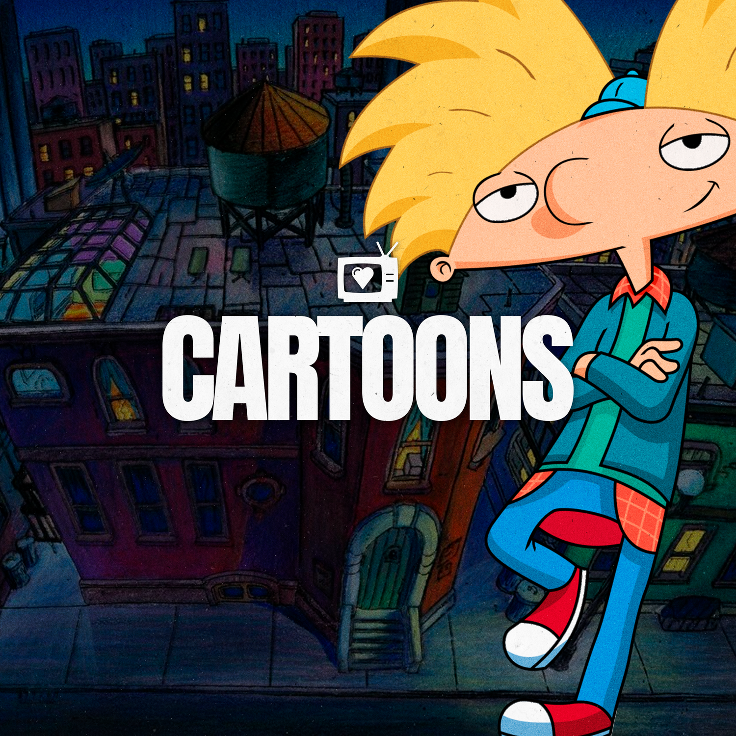Banner de la colección "Cartoons" de Super Shōnen, con el personaje Arnold de Hey Arnold! y el texto "Cartoons", promocionando poleras de dibujos animados retro.